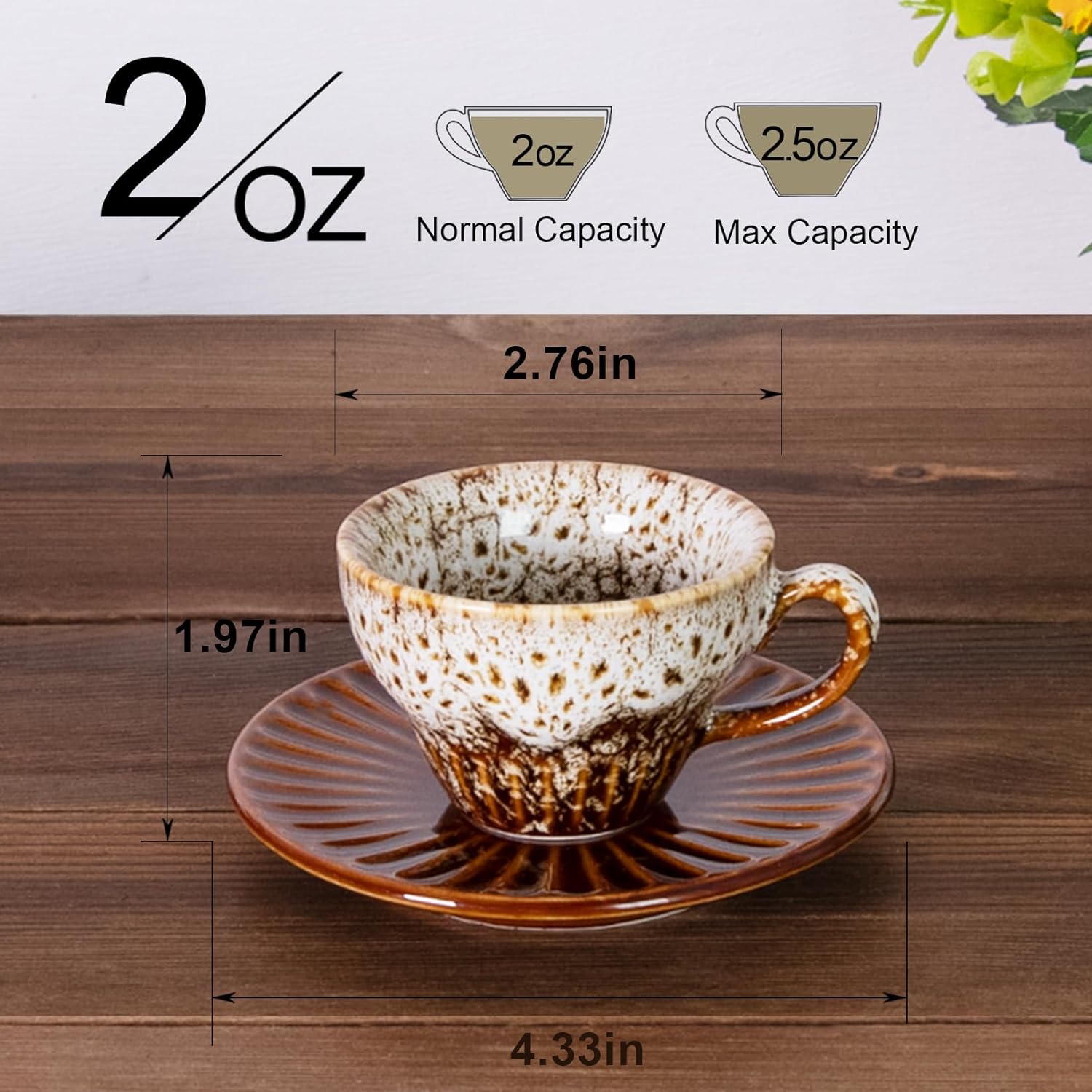 Tea Cups and Saucers- 2oz Stackable Ceramic Espresso Cups & Cappuccino Cup Set of 2 for Coffee, Latte, and Tea, Durable Glazed White Porcelain tea Set & Modern Latte Cup Collection