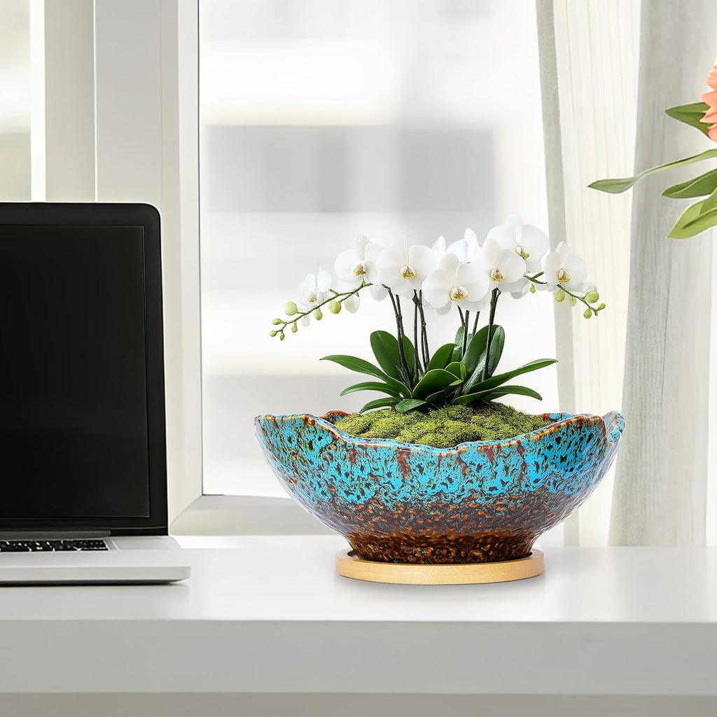 ARTKETTY Bonsai Pots - 9.06 Inch Large Plant Pots, Unique Succulent Pots with Drainage Tray, Ceramic Planters for Indoor Cactus Flower Plants Round Bonsai Tree Pots Decorative Home Office