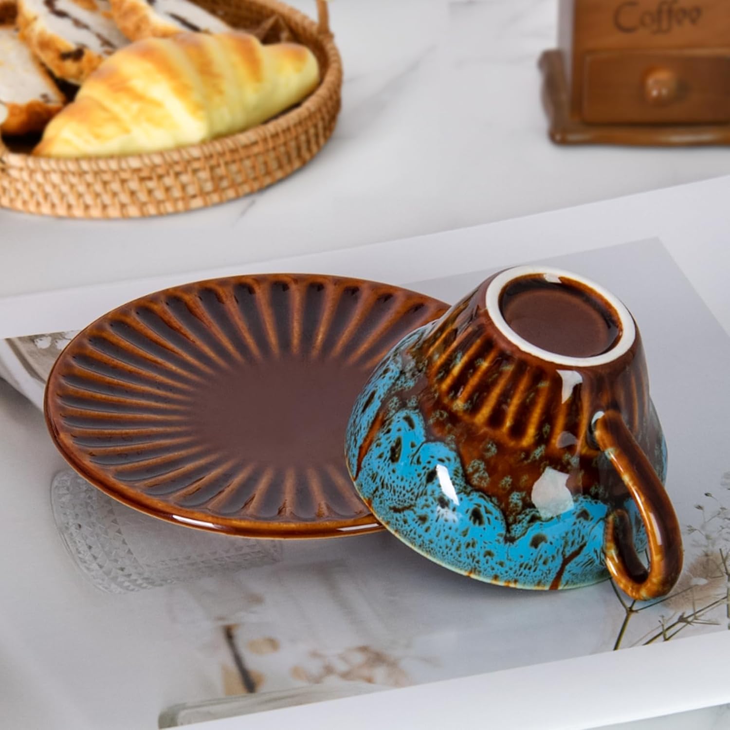 Tea Cups and Saucers- 2oz Stackable Ceramic Espresso Cups & Cappuccino Cup Set of 2 for Coffee, Latte, and Tea, Durable Glazed Blue Porcelain tea Set & Modern Latte Cup Collection