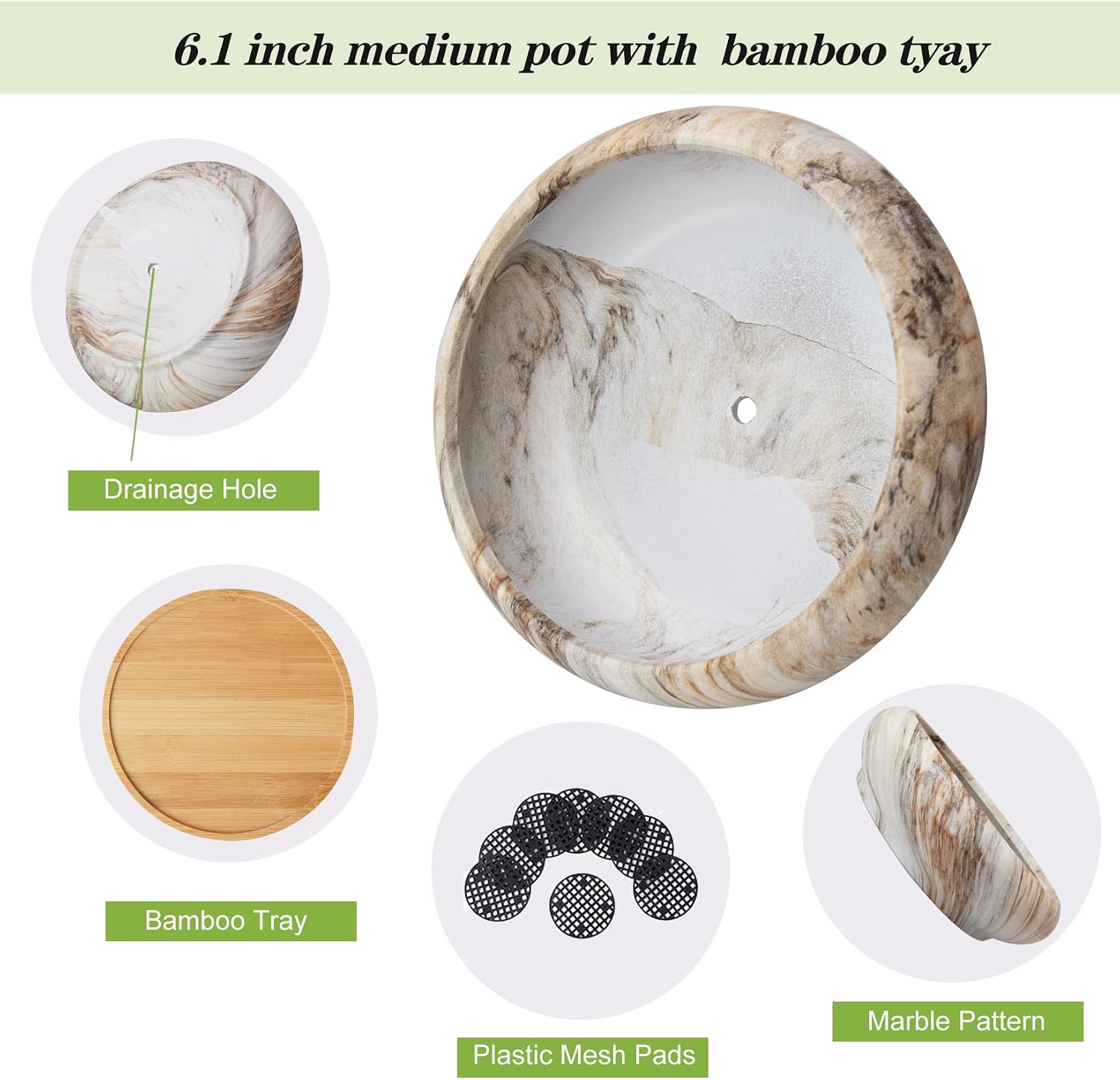 ARTKETTY Succulent Pots- 7.3/10 Inch Large Plant Pots Set of 2 | Shallow Bonsai Pots with Drainage Tray, Ceramic Planters for Indoor Cactus Marble Flower Plant Container Bowl