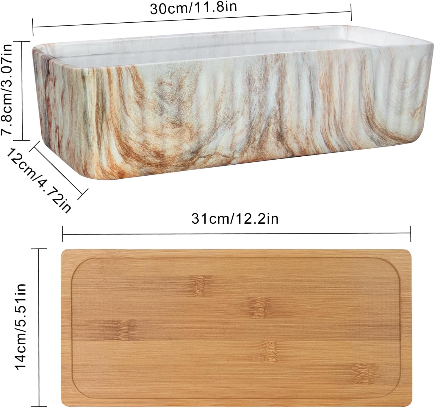 ARTKETTY 12'' Large Long Rectangular Planter, Ceramic Succulent Pots with Drainage Tray, Shallow Windowsill Succulent Planters for Indoor Cactus Bonsai Plants, Marble Window Box Home Office Decor