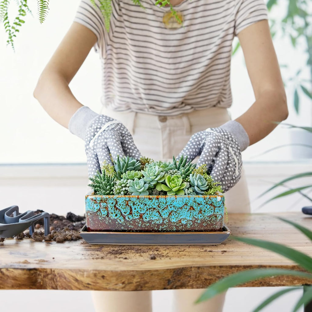 ARTKETTY Succulent Pots - Long Rectangle Succulent Planters with Drainage Tray, Window Sill Planter, Ceramic Pots for Indoor Cactus Plants Shallow Bonsai Window Box for Home Garden Decor