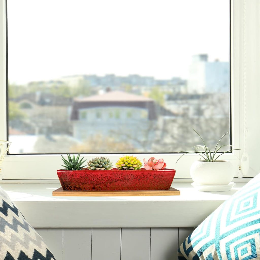 ARTKETTY Succulent Pots, 9.8 Inch Ceramic Succulent Planters with Drainage Small Bonsai Pot with Bamboo Tray, Mini Cactus Flower Planter Pot Shallow Rectangular Window Planters for Indoor Plants