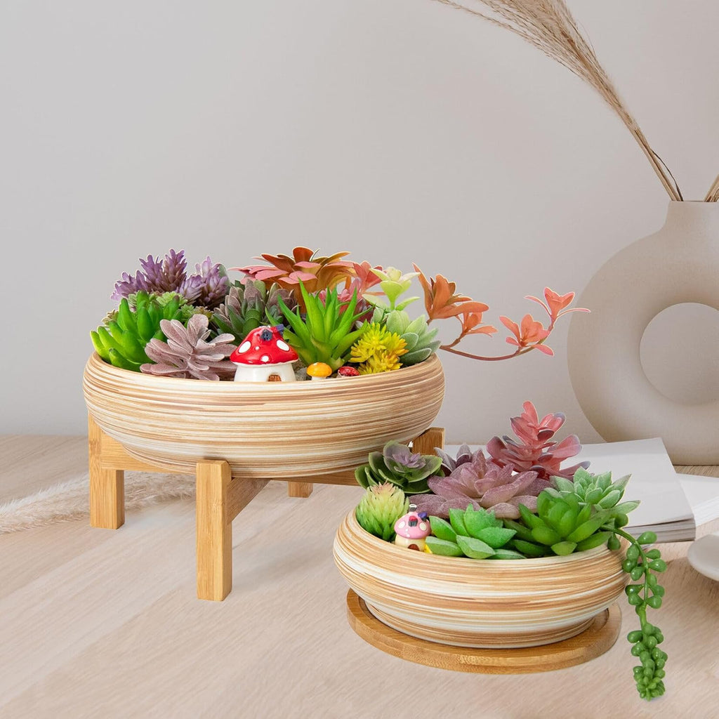 ARTKETTY Succulent Pots - 7.3/10 Inch Large Plant Pot Ceramic Bonsai Planter with Drainage Tray, Shallow Planters for Succulents Cactus Flower Small Plants Birthday Gifts for Women