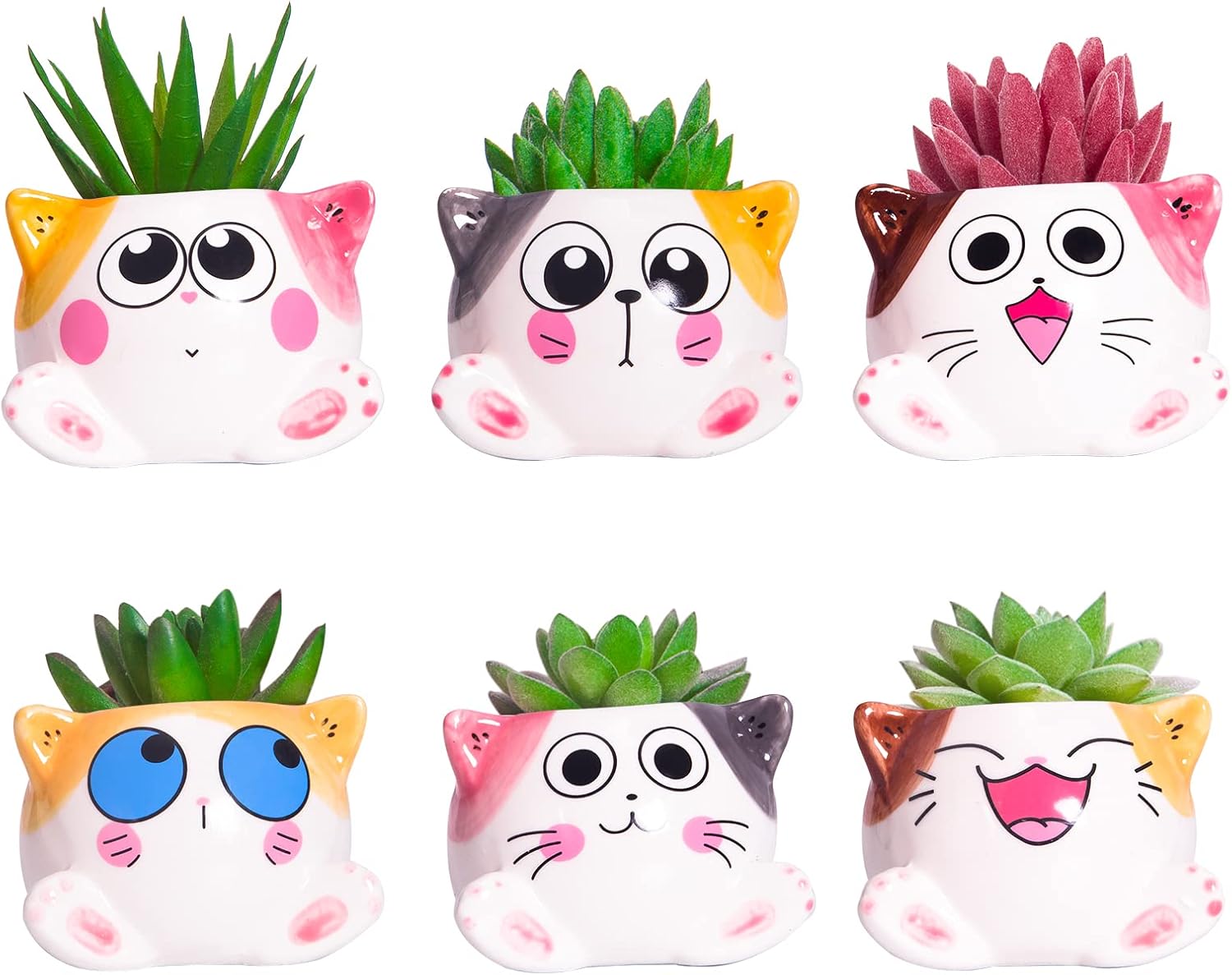 Cute Succulent Pots with Drainage Cat Planters for Indoor Plants 3.4 Inch Tiny Animal Planters Mini Cat Pots Small Ceramic Flower Pot Cartoon Cactus Plant Pots Set of 6