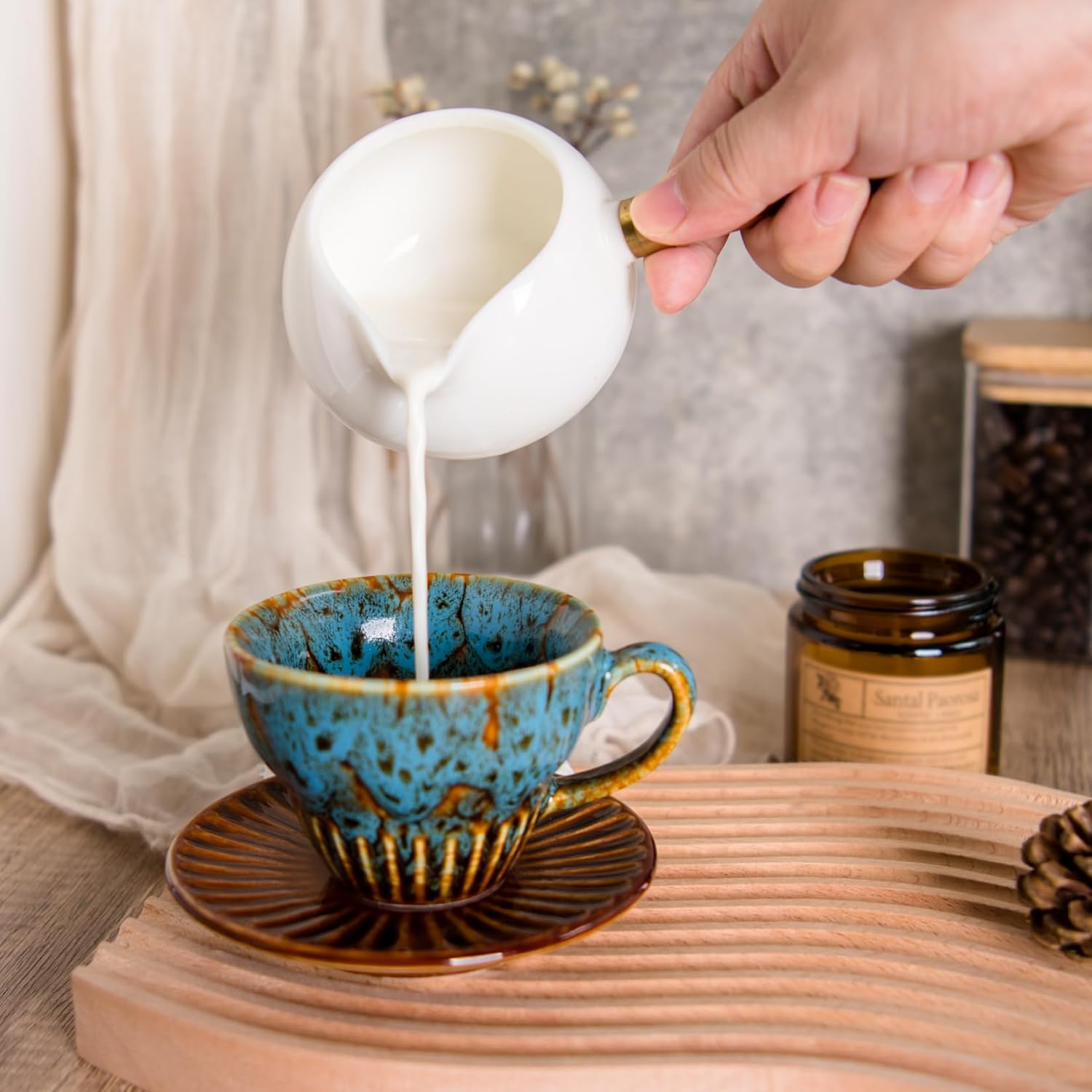 2 oz Espresso Cups Set of 6, Ceramic Cappuccino Cups with Saucers, Stackable Coffee Cup for Macchiato, Single shot, Tea, Coffee Lover Gifts, Glazed Blue