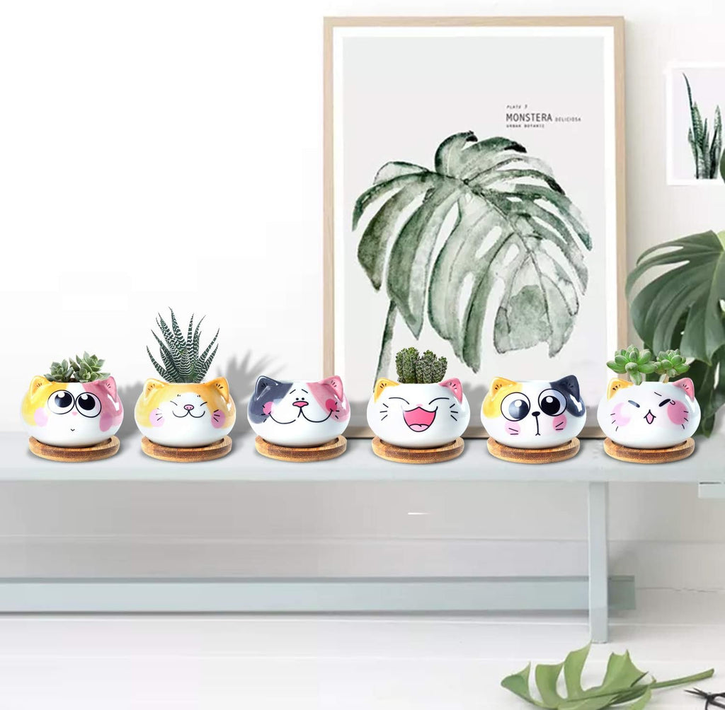 Succulent Pots with Drainage 3.6 Inch Mini Cat Pots for Plants Tiny Animal Planter Small Ceramic Air Plant Flower Pots Cactus Faux Planters Containers with Bamboo Tray