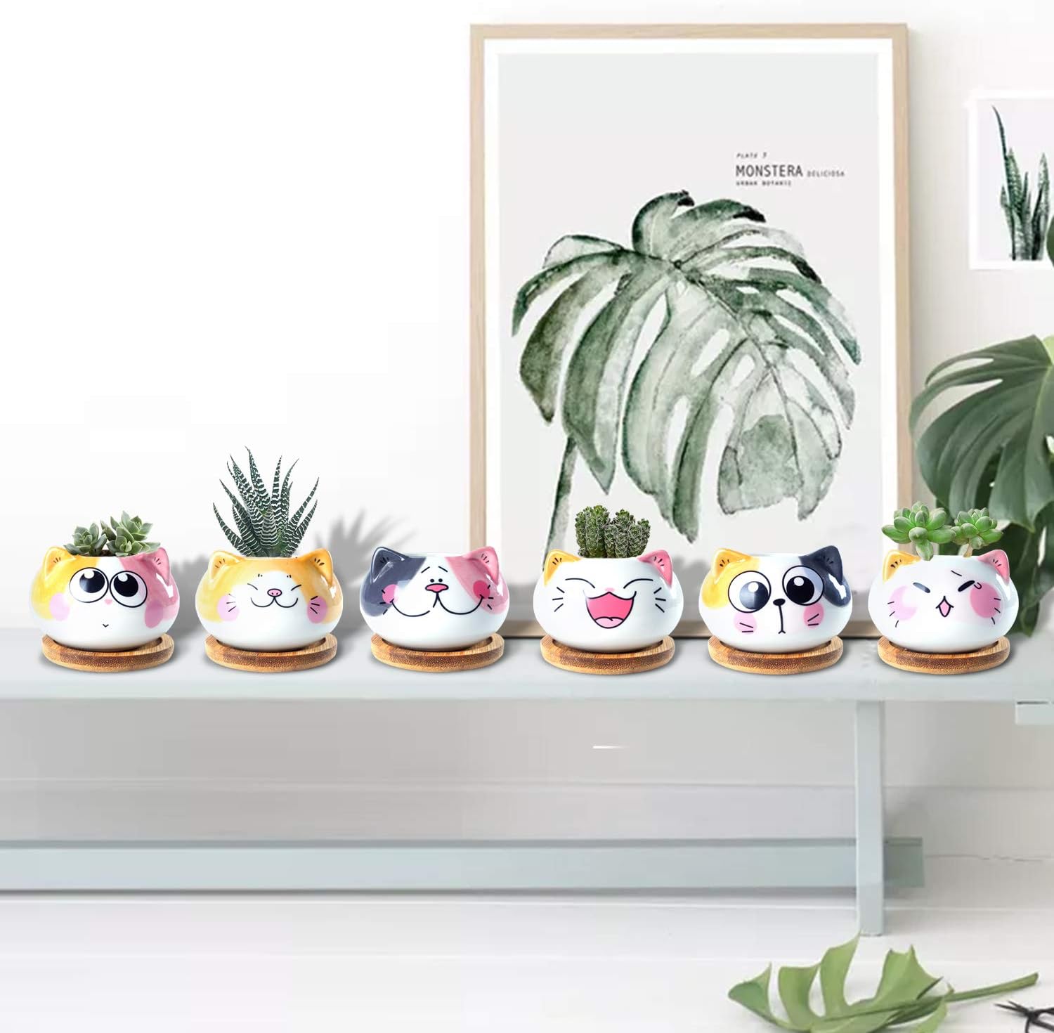 Succulent Pots with Drainage 3.6 Inch Mini Cat Pots for Plants Tiny Animal Planter Small Ceramic Air Plant Flower Pots Cactus Faux Planters Containers with Bamboo Tray