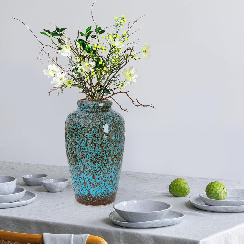 Unique Ceramic Flower Vase, Modern Home Decor for Living Room, Tables, Shelves & Enterways,11Inch Tall Glaze Blue Vase Gift for Housewarming, Wedding, Birthday