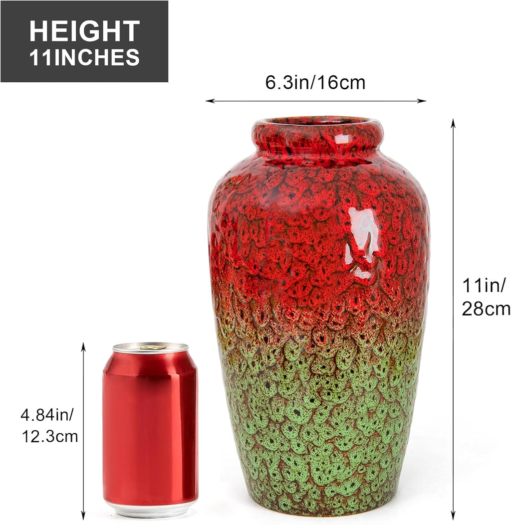 Unique Ceramic Flower Vase, Modern Home Decor for Living Room, Tables, Shelves & Enterways,11Inch Tall Red Green Vase Gift for Housewarming, Wedding, Birthday