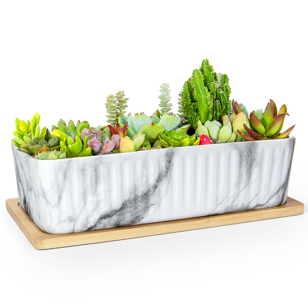 ARTKETTY 12'' Large Long Rectangular Planter, Ceramic Succulent Pots with Drainage Tray, Shallow Windowsill Succulent Planters for Indoor Cactus Bonsai Plants, Marble Window Box Home Office Decor