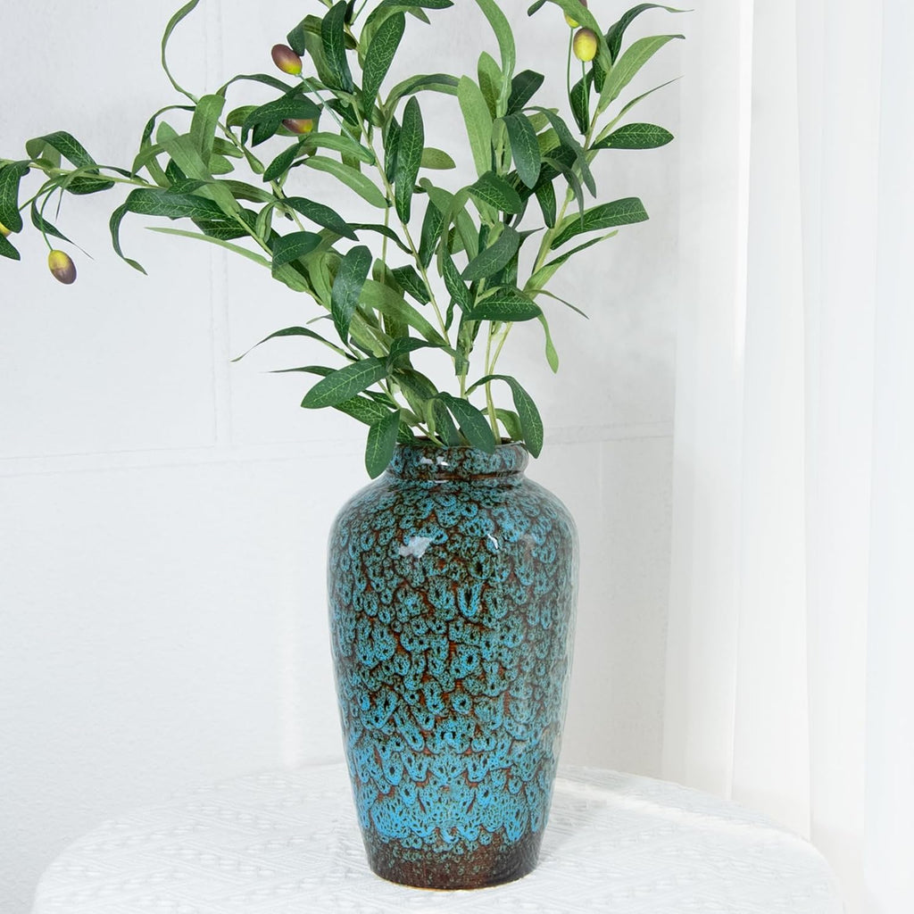 Unique Ceramic Flower Vase, Modern Home Decor for Living Room, Tables, Shelves & Enterways,11Inch Tall Glaze Blue Vase Gift for Housewarming, Wedding, Birthday