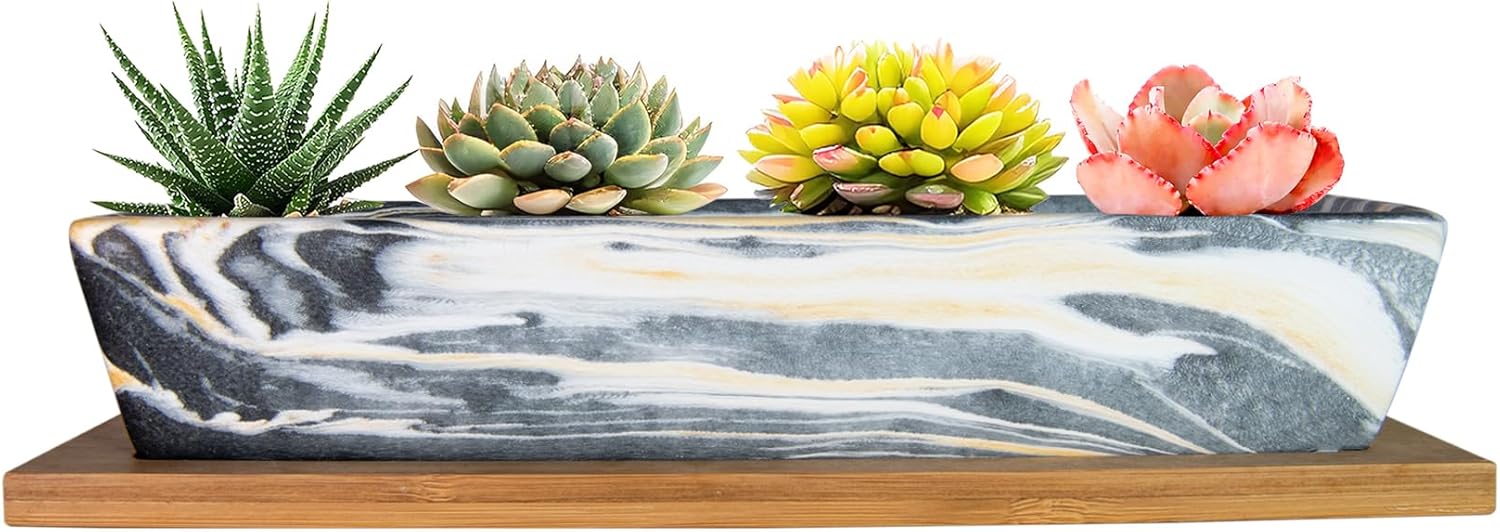 ARTKETTY Succulent Pots, 9.8 Inch Ceramic Succulent Planters with Drainage Small Bonsai Pot with Bamboo Tray, Mini Cactus Flower Planter Pot Shallow Rectangular Window Planters for Indoor Plants