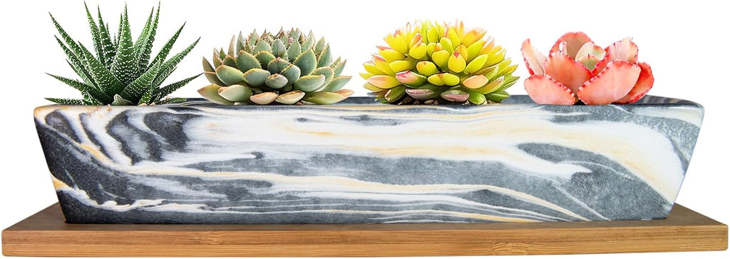 ARTKETTY Succulent Pots, 9.8 Inch Ceramic Succulent Planters with Drainage Small Bonsai Pot with Bamboo Tray, Mini Cactus Flower Planter Pot Shallow Rectangular Window Planters for Indoor Plants