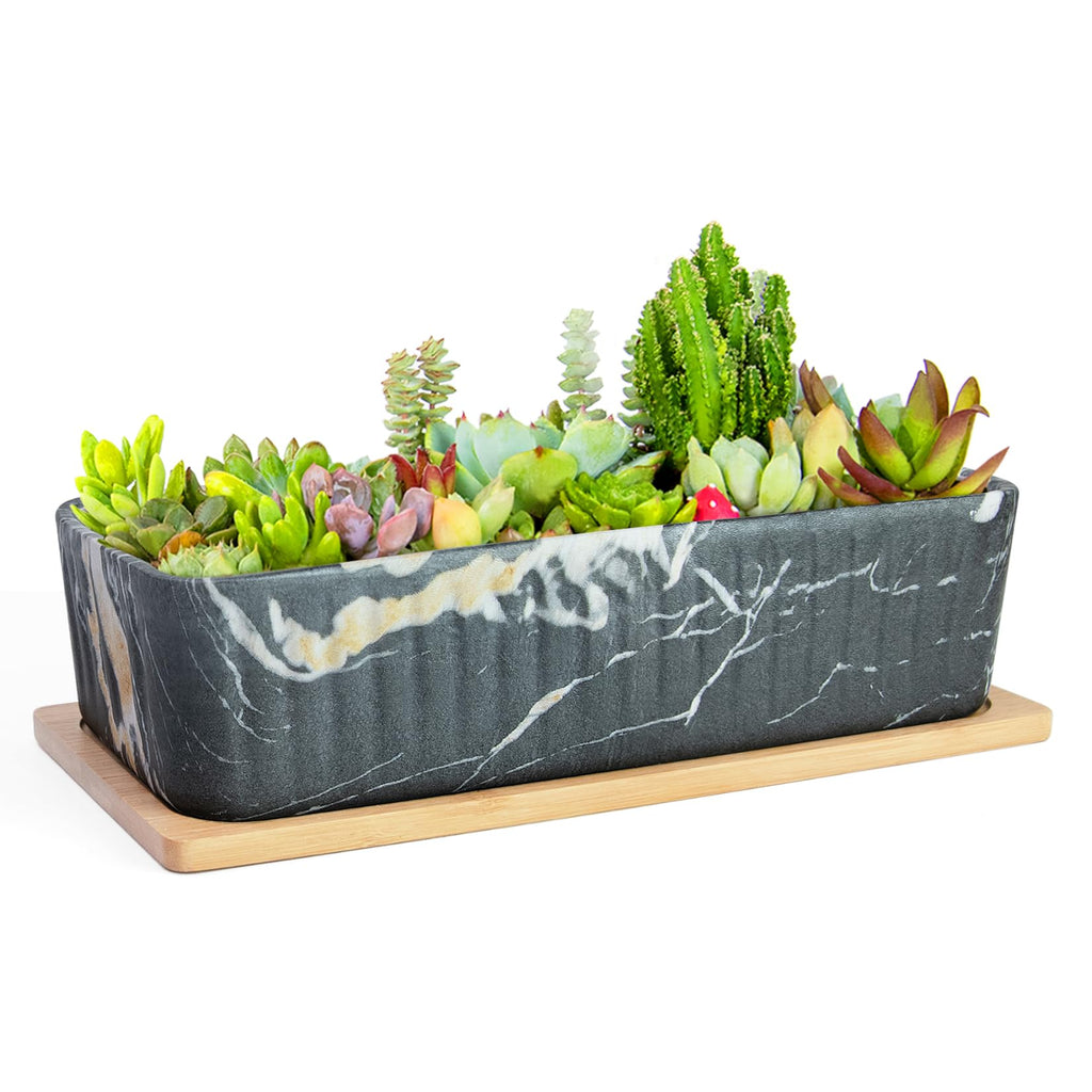 ARTKETTY 12'' Large Long Rectangular Planter, Ceramic Succulent Pots with Drainage Tray, Shallow Windowsill Succulent Planters for Indoor Cactus Bonsai Plants, Marble Window Box Home Office Decor