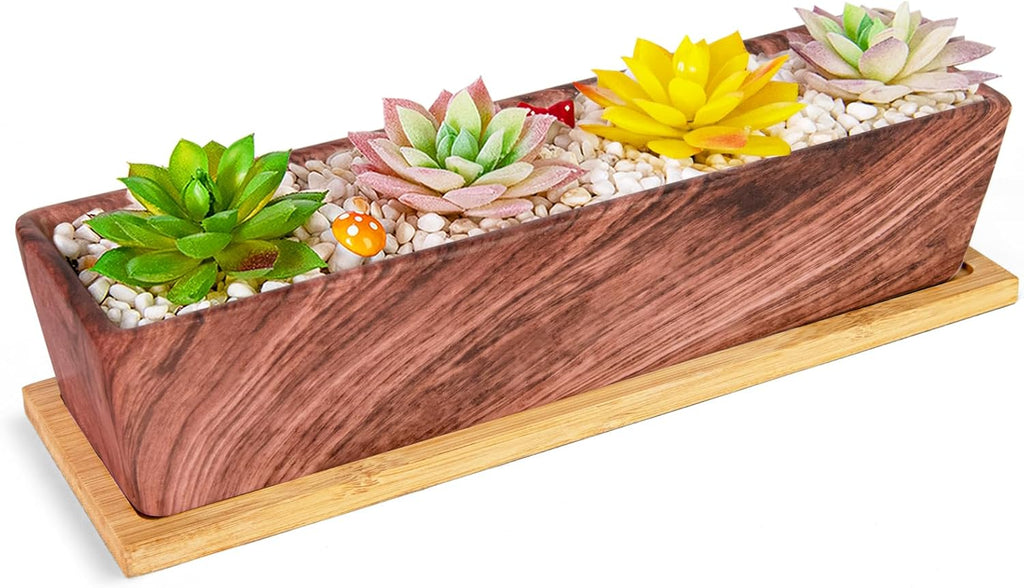 Succulent Pots - 12.1 Inch Large Succulent Pots with Drainage Tray, Window Sill Planter, Long Rectangle Ceramic Pots for Indoor Cactus/Succulent Plants Shallow Bonsai Window Box for Home Garden Decor