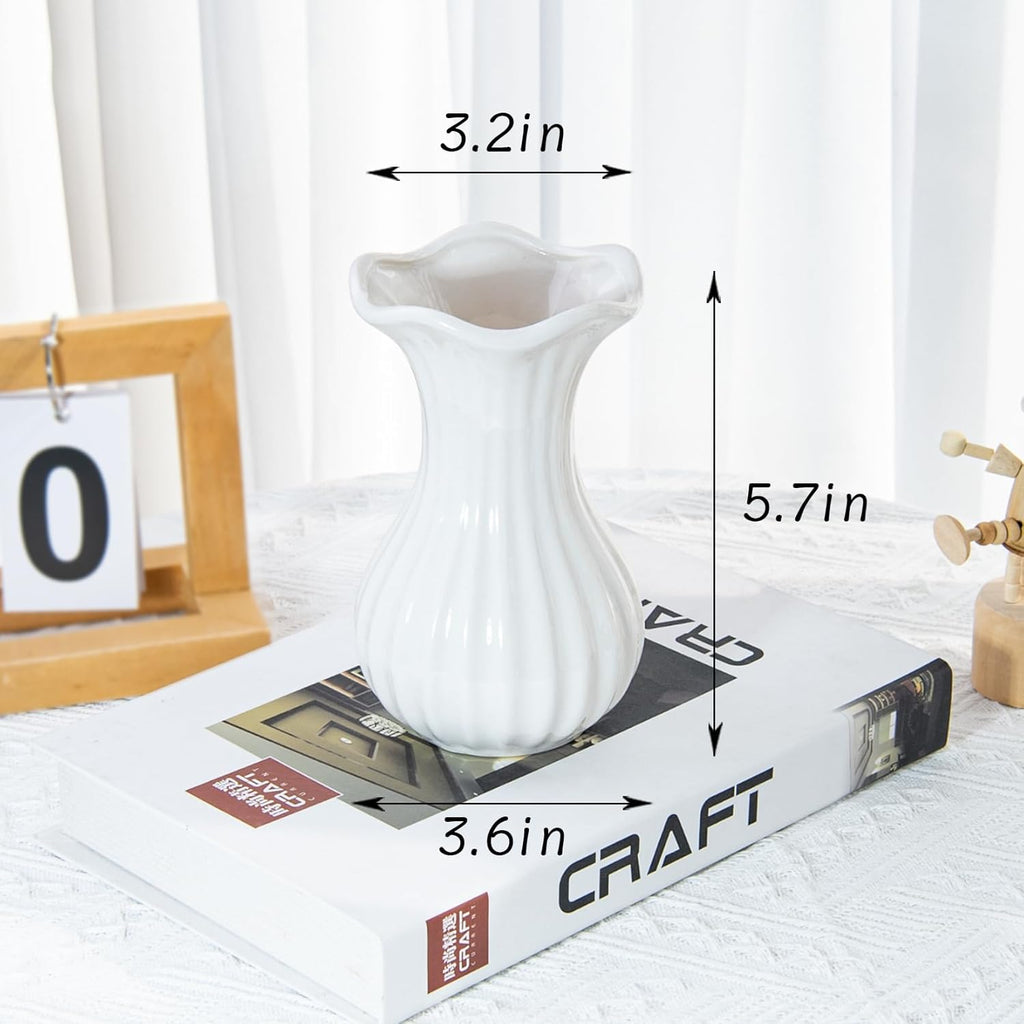 White Ceramic Vase, Small Vases for Home Decor, Elegant Flower Vase Centerpiece for Tables, Office Desk, Room Decor, Fit for Housewarming, Wedding, Birthday (Pure White)