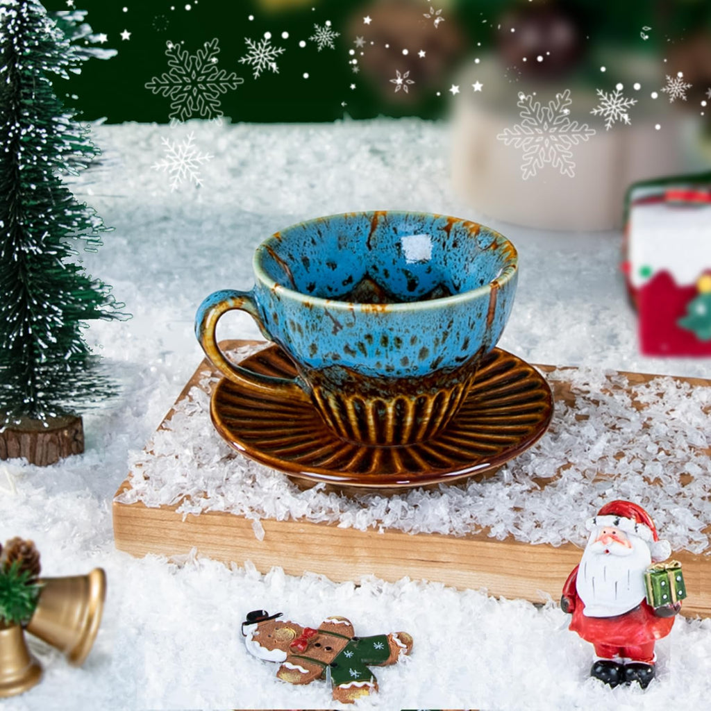 2 oz Espresso Cups Set of 6, Ceramic Cappuccino Cups with Saucers, Stackable Coffee Cup for Macchiato, Single shot, Tea, Coffee Lover Gifts, Glazed Blue