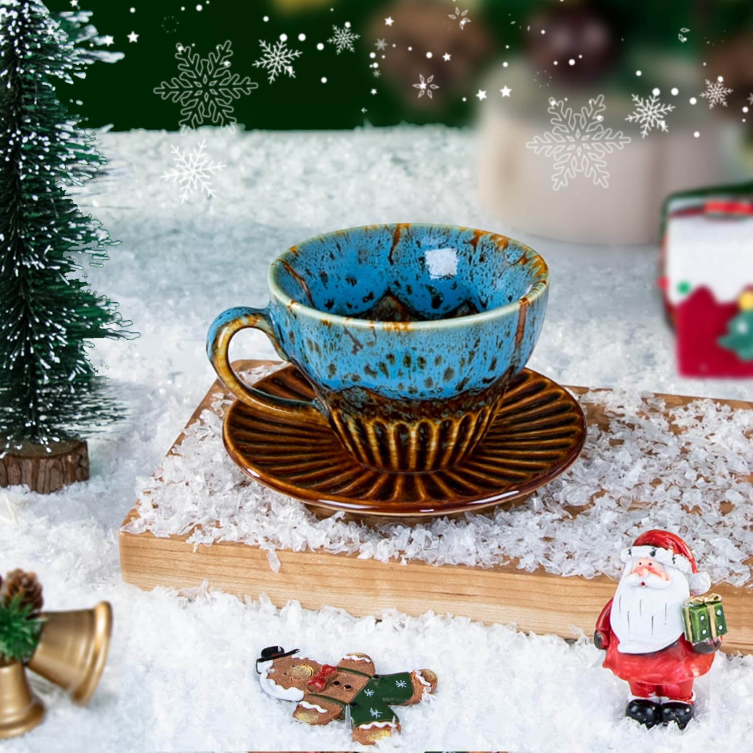 2 oz Espresso Cups Set of 6, Ceramic Cappuccino Cups with Saucers, Stackable Coffee Cup for Macchiato, Single shot, Tea, Coffee Lover Gifts, Glazed Blue