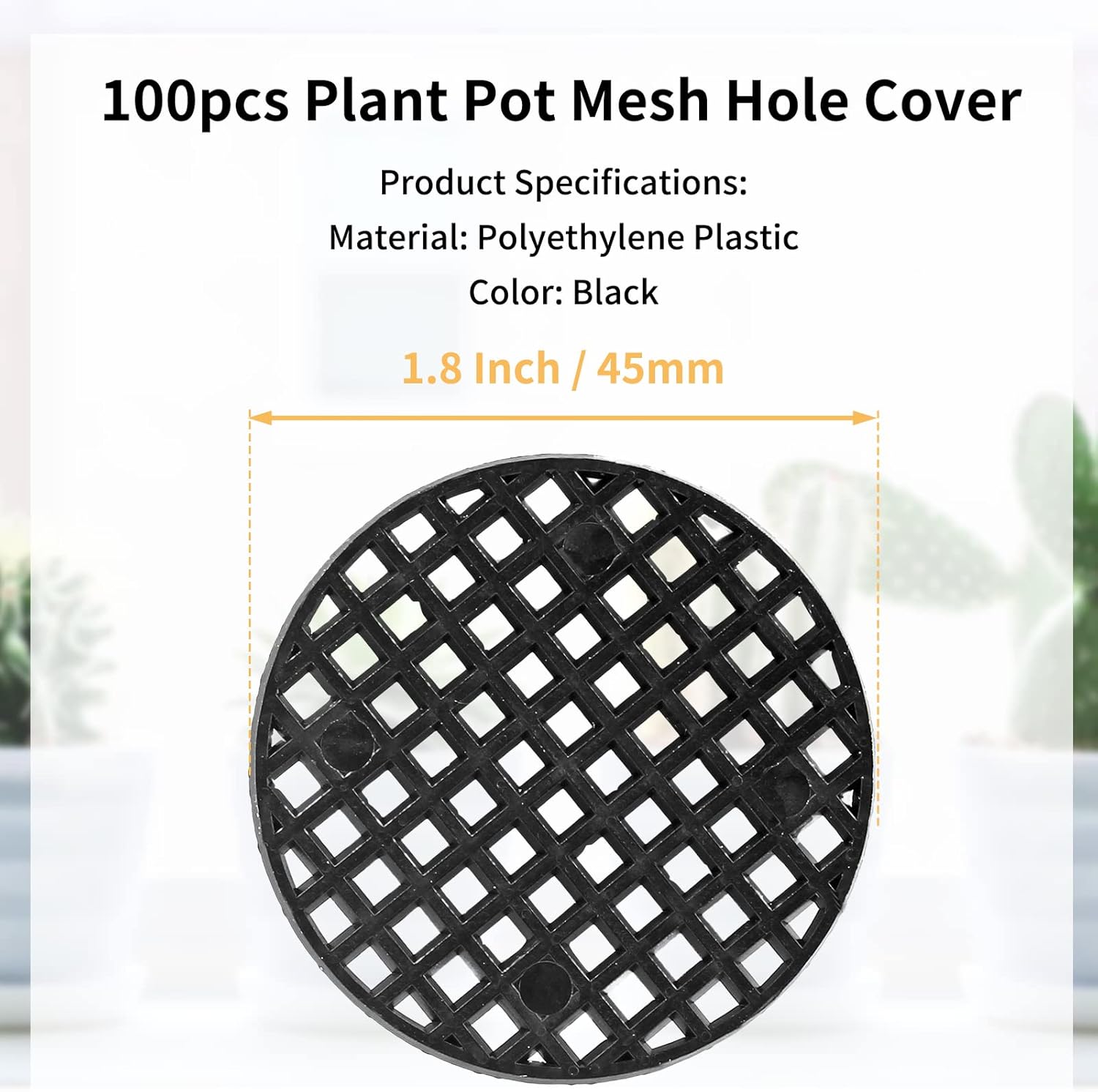 100pcs Plant Pot Mesh Hole Cover Bonsai Drainage Mesh Insert, Flower Pot Hole Mesh Pad Bottom Grid Mat, Round Mesh Screen Pot Bottom Gasket for Garden Prevent Soil Loss (1.8" / 45mm, Black)