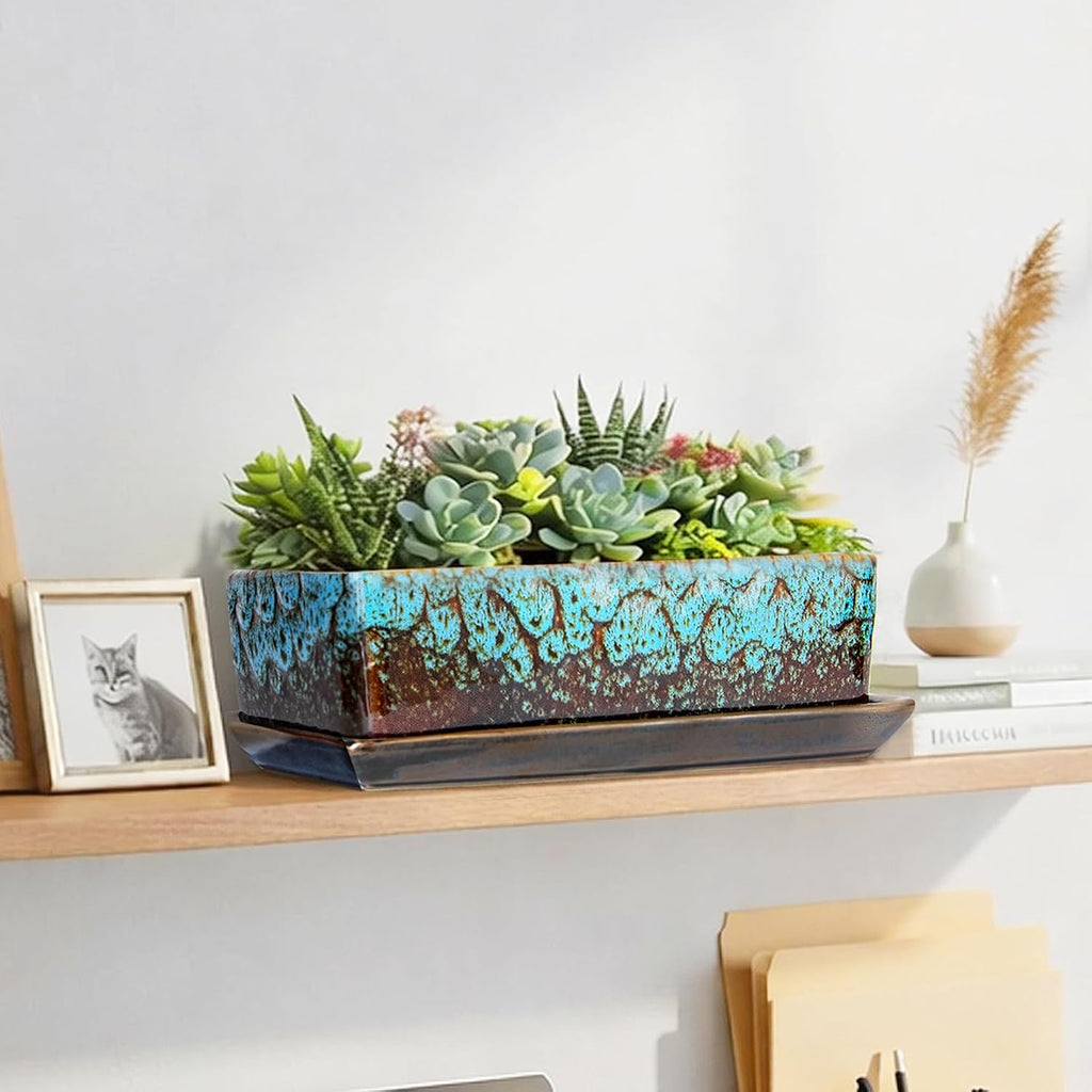 ARTKETTY Succulent Pots - Long Rectangle Succulent Planters with Drainage Tray, Window Sill Planter, Ceramic Pots for Indoor Cactus Plants Shallow Bonsai Window Box for Home Garden Decor