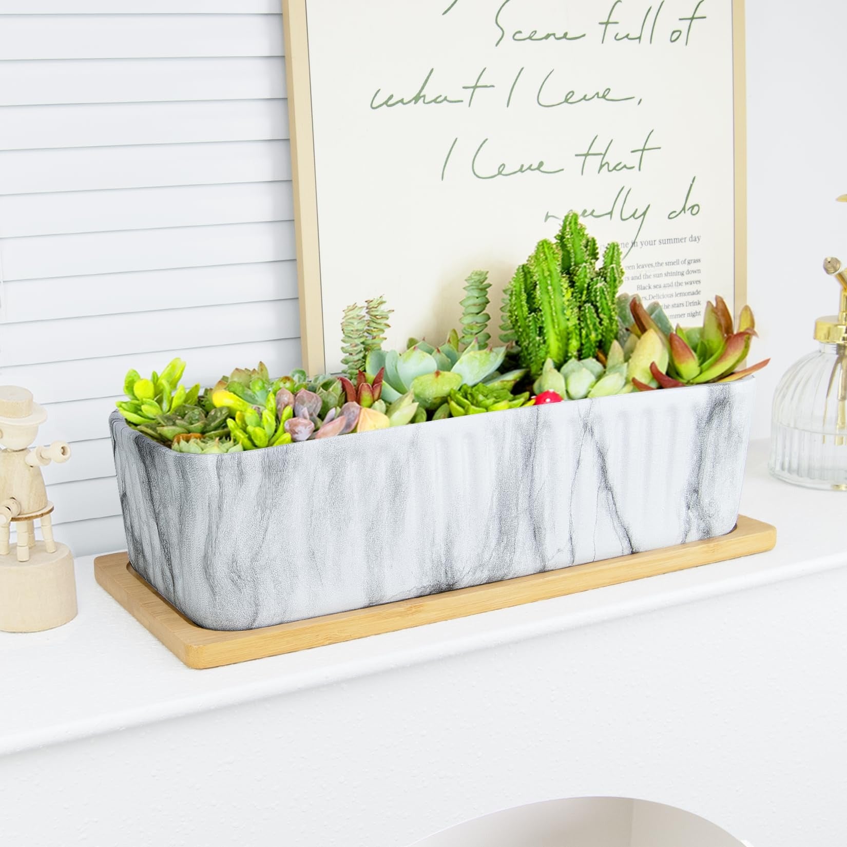ARTKETTY 12'' Large Long Rectangular Planter, Ceramic Succulent Pots with Drainage Tray, Shallow Windowsill Succulent Planters for Indoor Cactus Bonsai Plants, Marble Window Box Home Office Decor