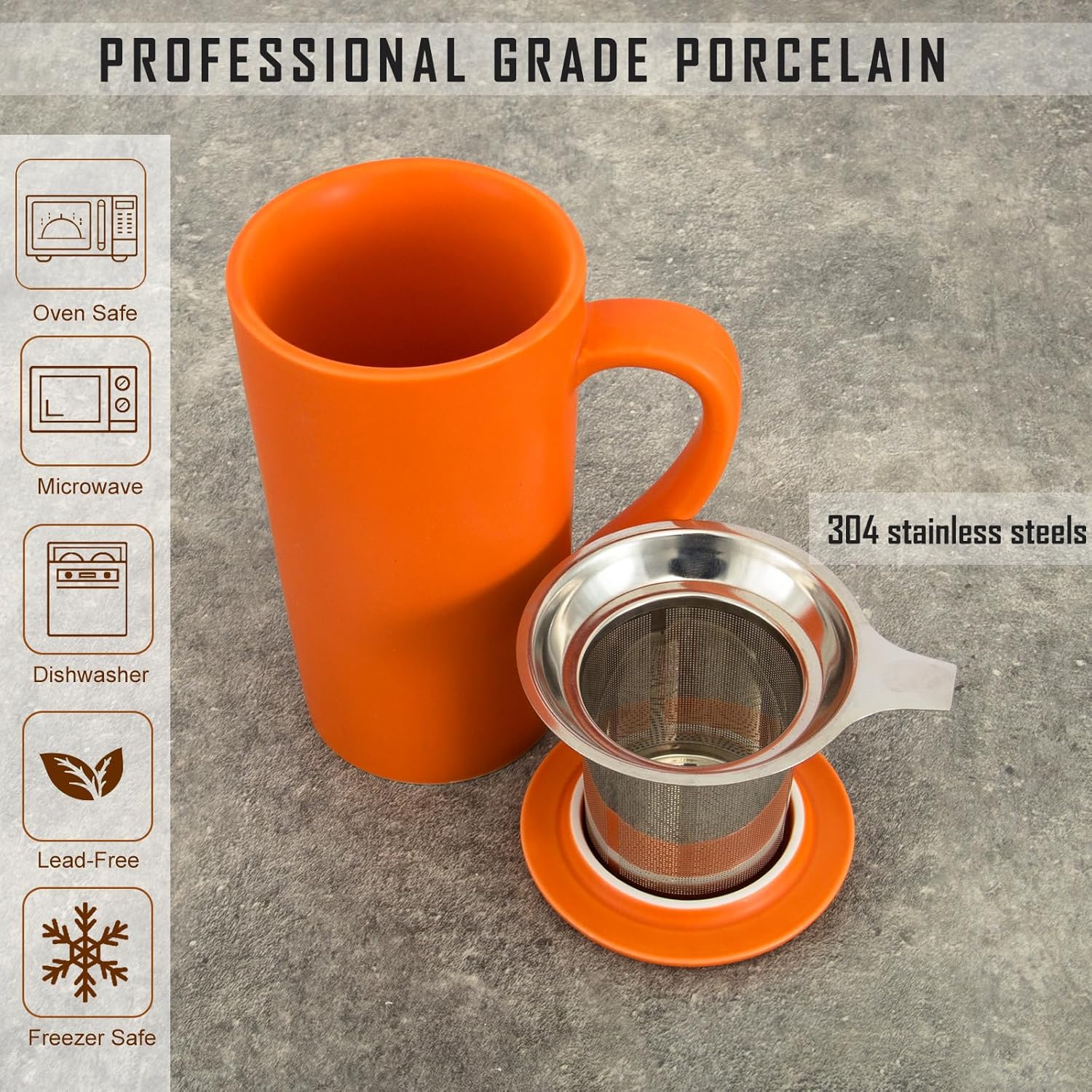 Tea Cup With Infuser and Lid, 20oz Mug With Handle for Steeping Loose Leaf, Dishwasher and Microwave Safe, Ceramic Strainer Cup Gifts for Lovers, Orange