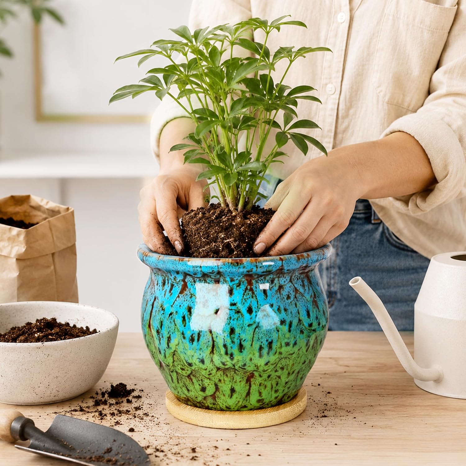ARTKETTY 4.5 Inch Plant Pots, Small Pots for Plant Indoor, Ceramic Planter with Tray