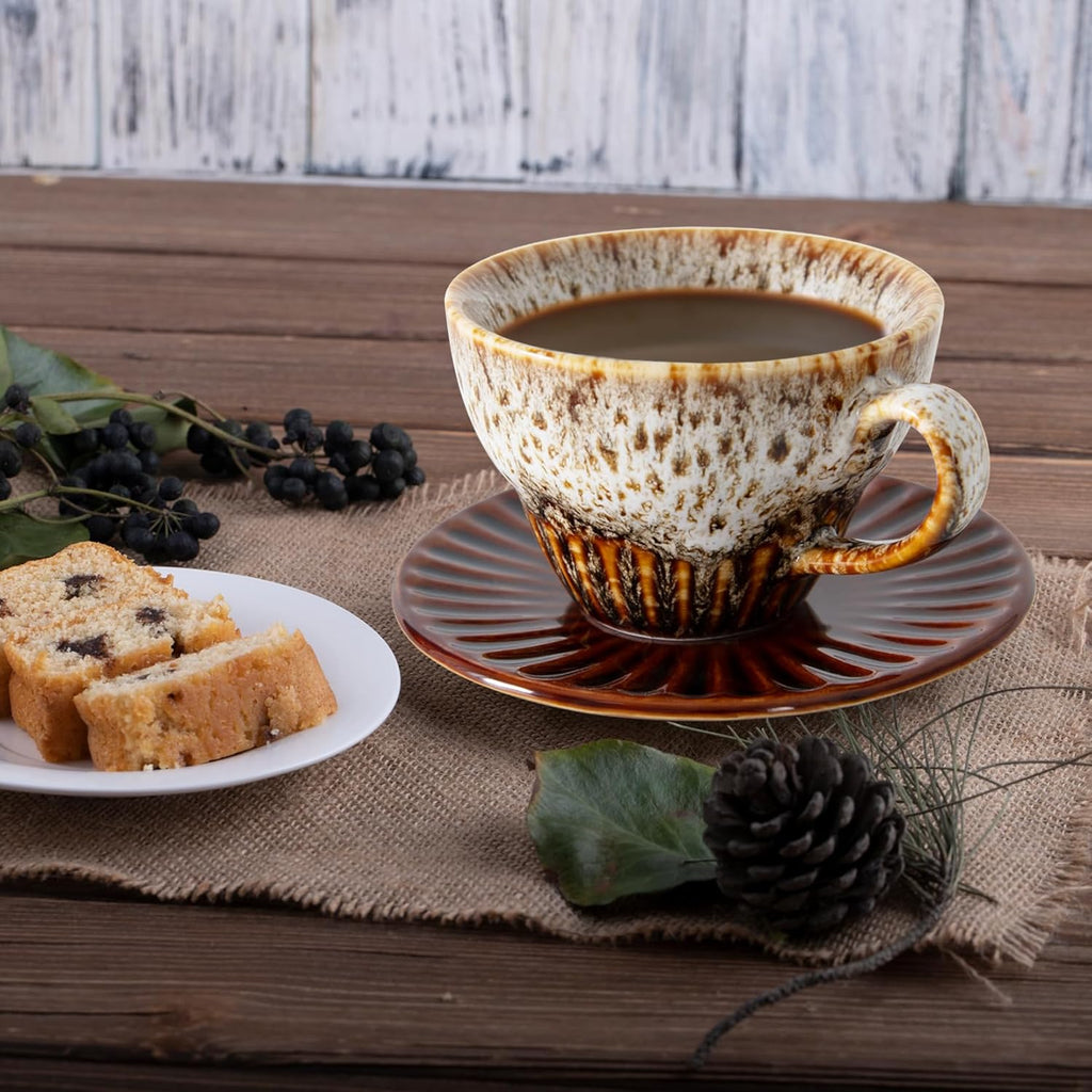 Tea Cups and Saucers- 2oz Stackable Ceramic Espresso Cups & Cappuccino Cup Set of 2 for Coffee, Latte, and Tea, Durable Glazed White Porcelain tea Set & Modern Latte Cup Collection