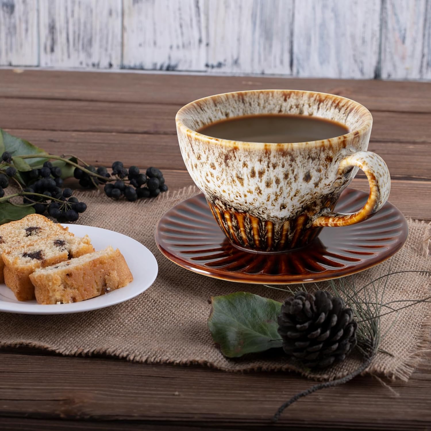 Tea Cups and Saucers- 2oz Stackable Ceramic Espresso Cups & Cappuccino Cup Set of 2 for Coffee, Latte, and Tea, Durable Glazed White Porcelain tea Set & Modern Latte Cup Collection
