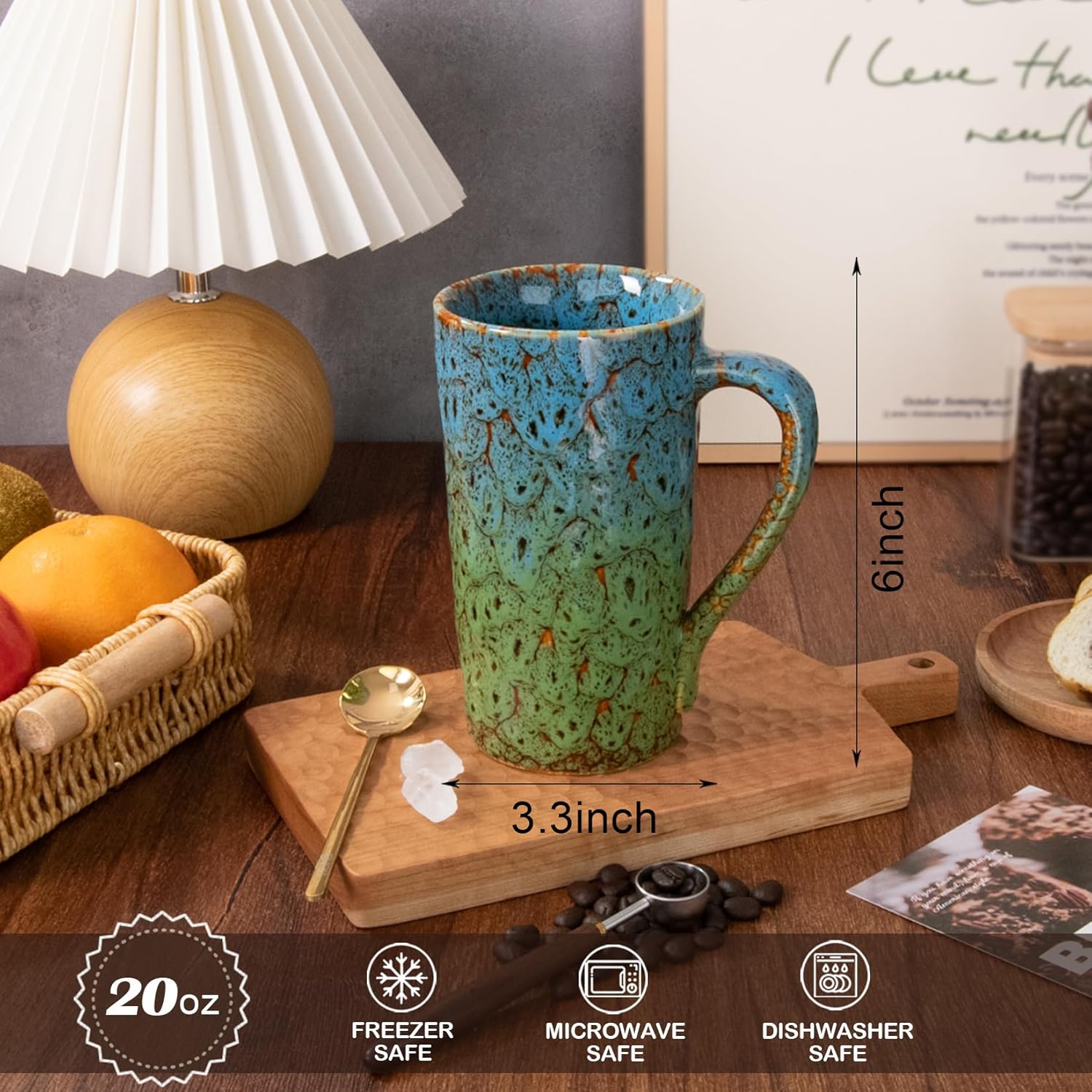 20 OZ Large Coffee Mugs, Ceramic Tall Coffee Mugs with Handle, Unique Latte Tea Cup for Office and Home, Novelty Gifts for Men and Women, Set of 2 (Blue & Green)