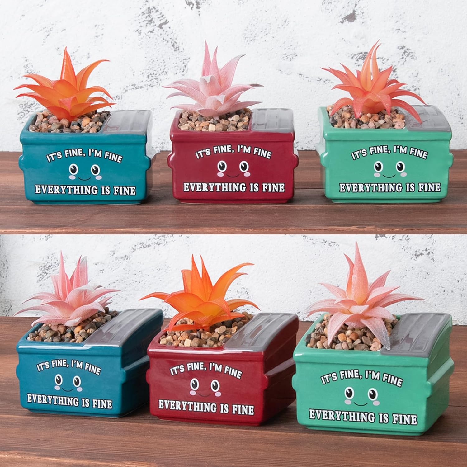 Dumpster Fire Fake Plants in Ceramic Succulent Pots Desk Decor, Emotional Support Positive Thinking Office Desk Accessories, Motivational Gifts for Women, Men, Coworkers