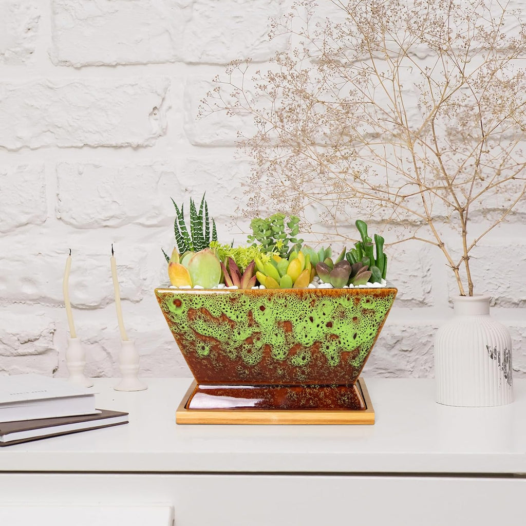 ARTKETTY Succulent Pots - 7 Inch Large Plant Pots with Drainage Tray | Shallow Ceramic Pots for Indoor Plants, Modern Cactus Bonsai Plant Container Decorative Home Office