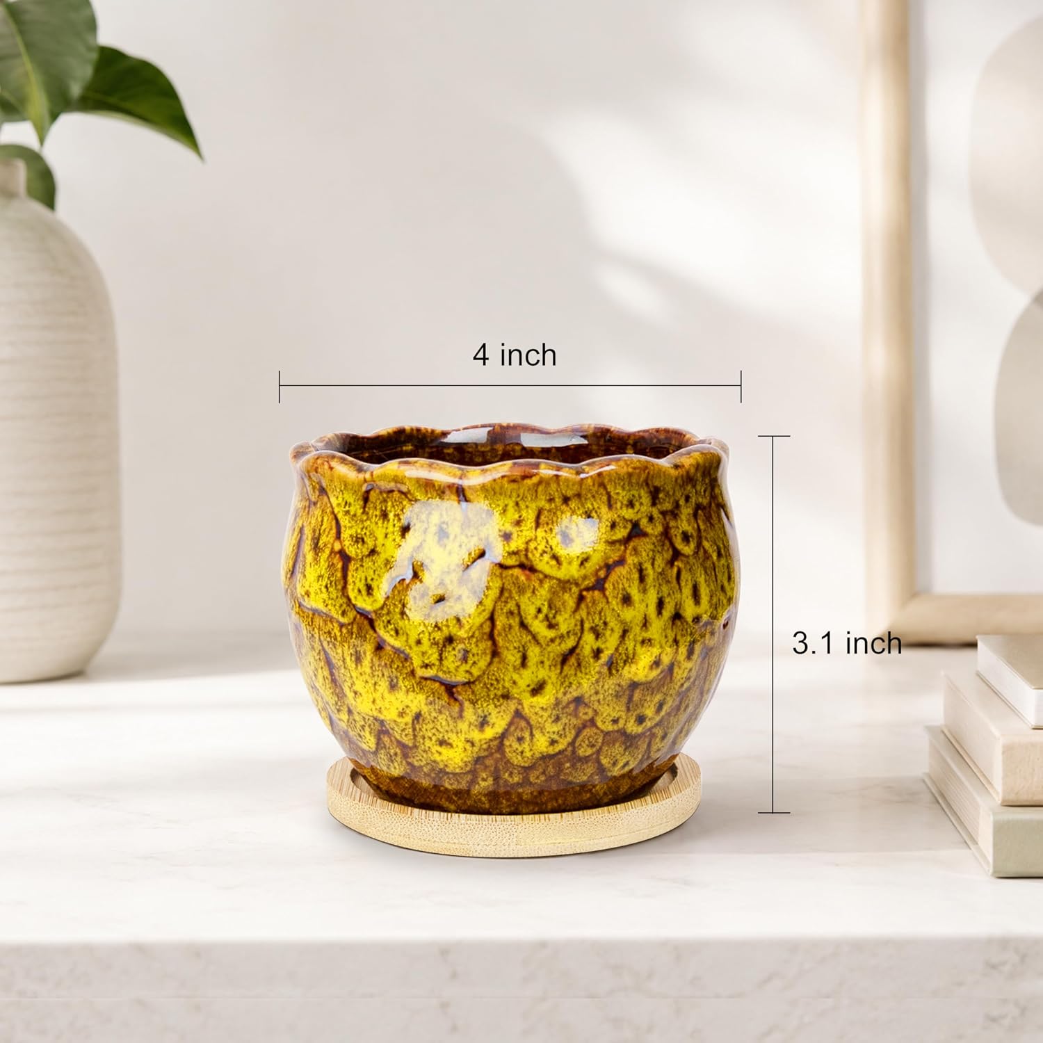 ARTKETTY Succulent Pots, 4 Pack Small Plant Pots with Drainage Tray | 4 Inch Flower Pots, Ceramic Planters for Indoor, Home Office Desk Decor