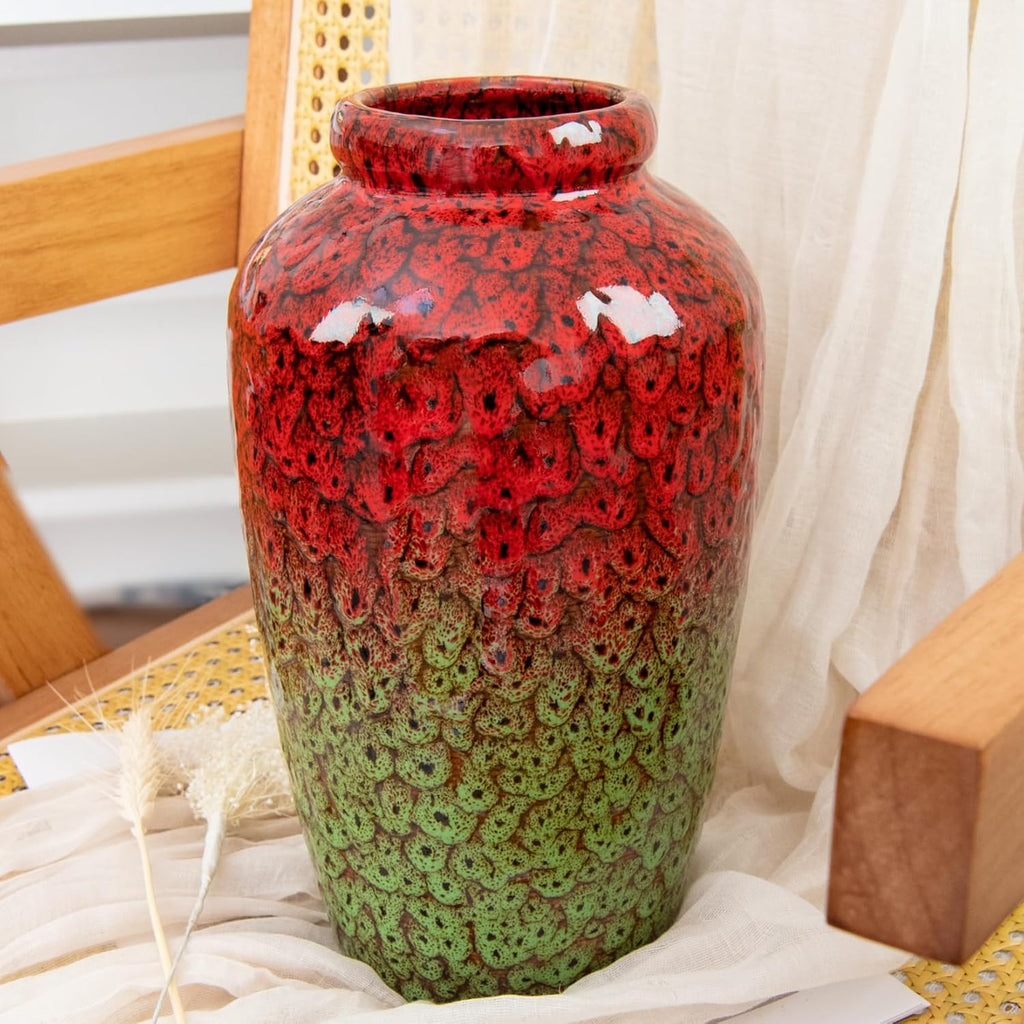 Unique Ceramic Flower Vase, Modern Home Decor for Living Room, Tables, Shelves & Enterways,11Inch Tall Red Green Vase Gift for Housewarming, Wedding, Birthday