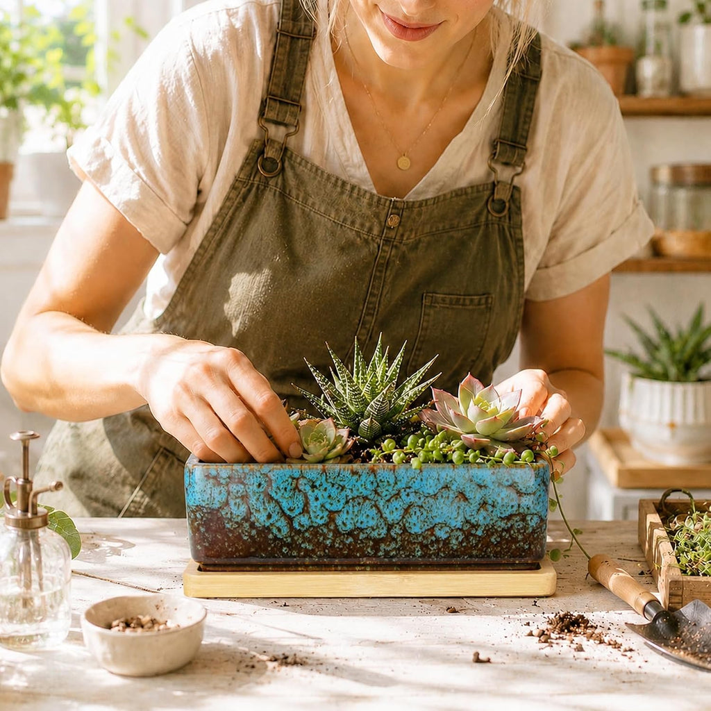 ARTKETTY Succulent Pots - 7 Inch Large Succulent Planters with Drainage Tray, Window Sill Planter, Long Rectangle Ceramic Pots for Indoor Cactus Plants Shallow Bonsai Window Box for Home Garden Decor