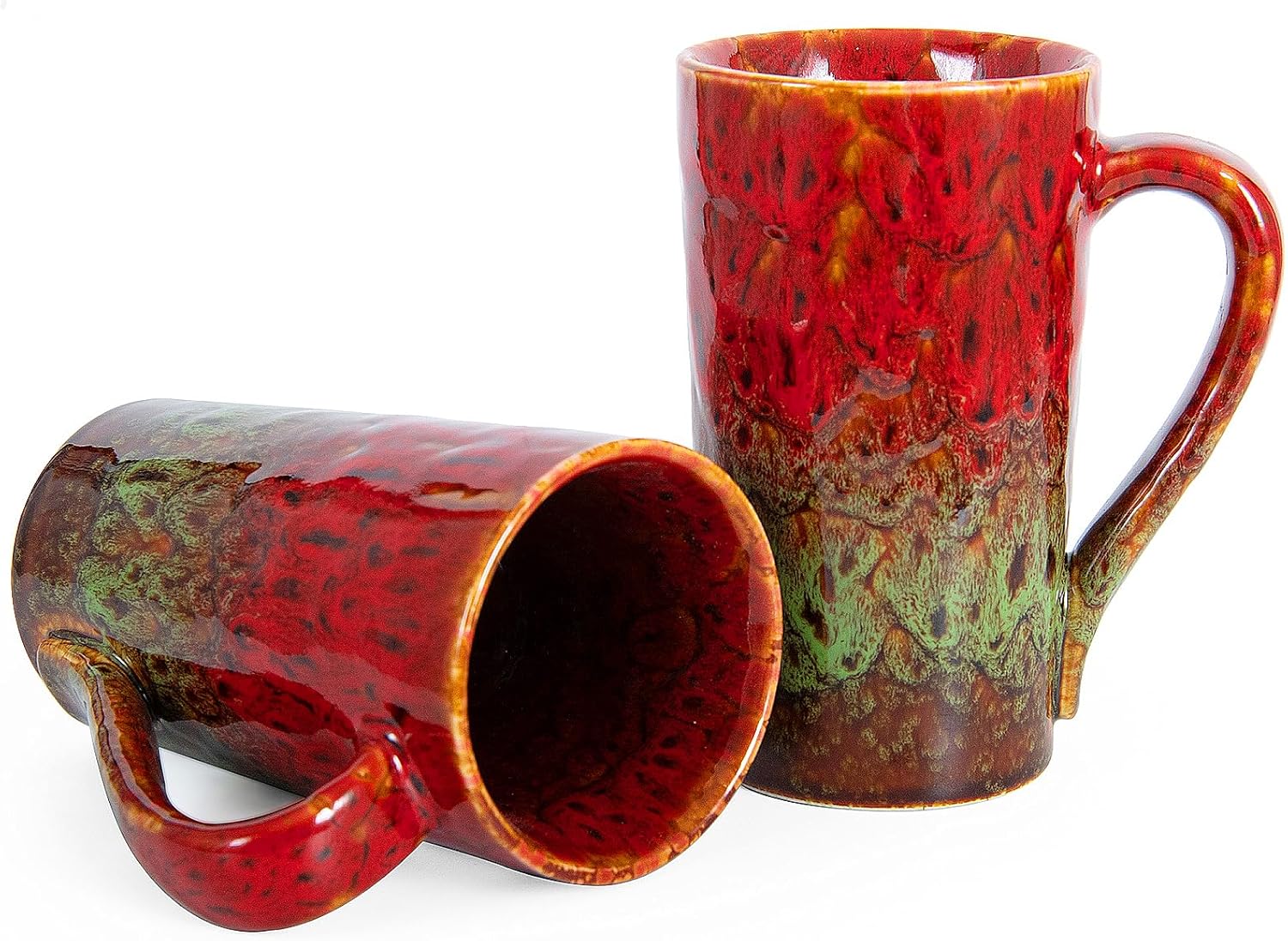 20 oz Coffee Mugs, Large Ceramic Coffee Cups with Handle, Tall Coffee Mugs Unique Tea Cup Set for Latte, Milk, Beer, Novelty Gifts for Coffe Lovers, Set of 2 (Red & Green)