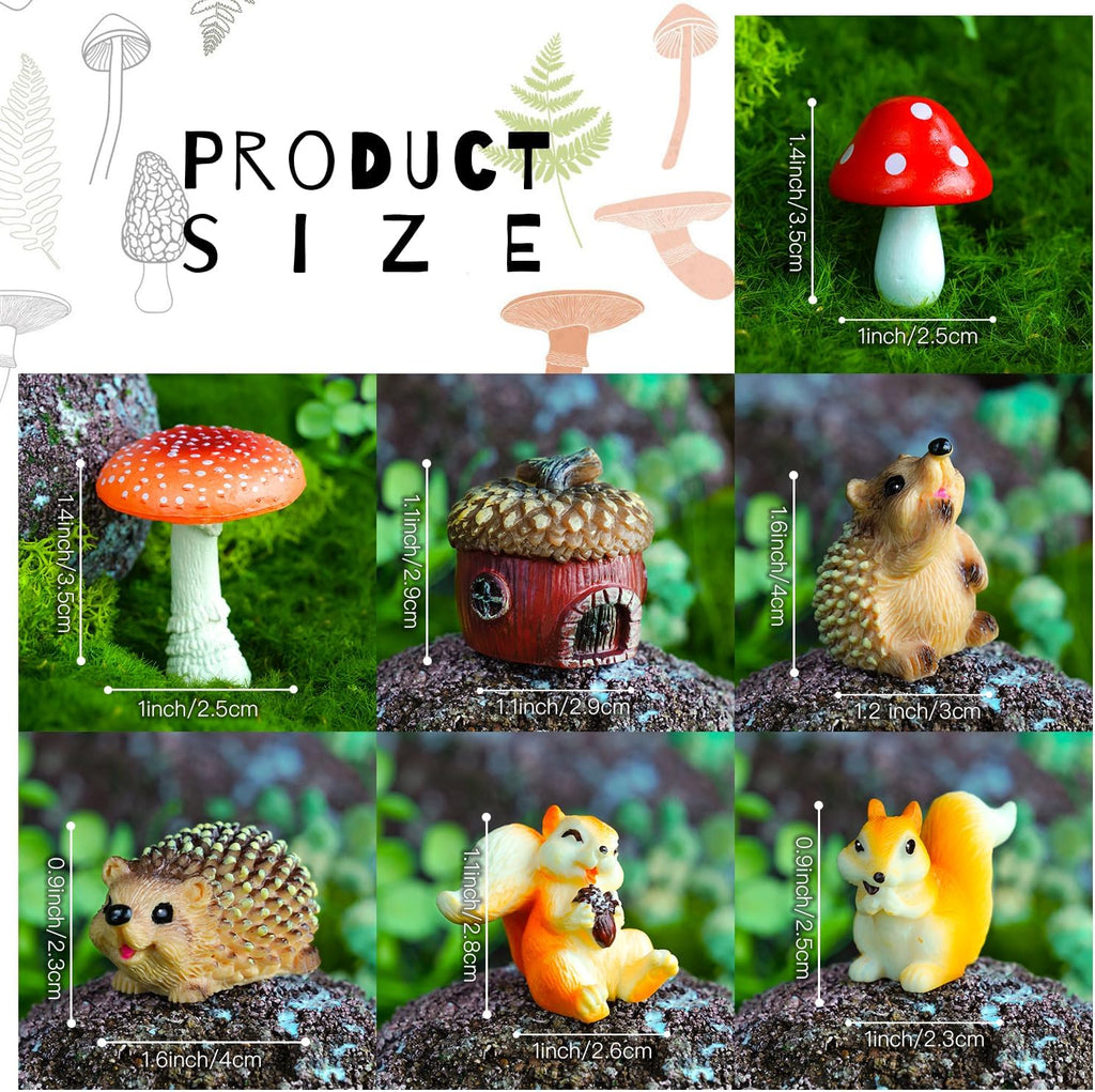 7Pcs Fairy Garden Animal Figurines – Resin Squirrel, Hedgehog, Mushroom & Acorn Miniatures for DIY Terrarium & Home Decor