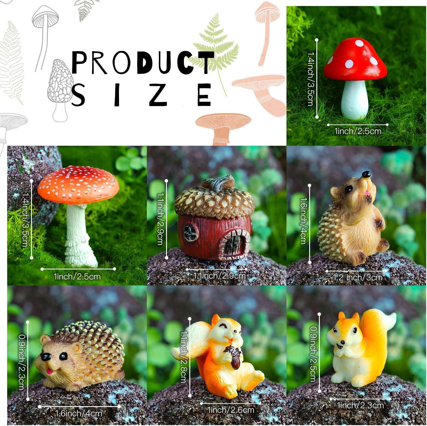 7Pcs Fairy Garden Animal Figurines – Resin Squirrel, Hedgehog, Mushroom & Acorn Miniatures for DIY Terrarium & Home Decor