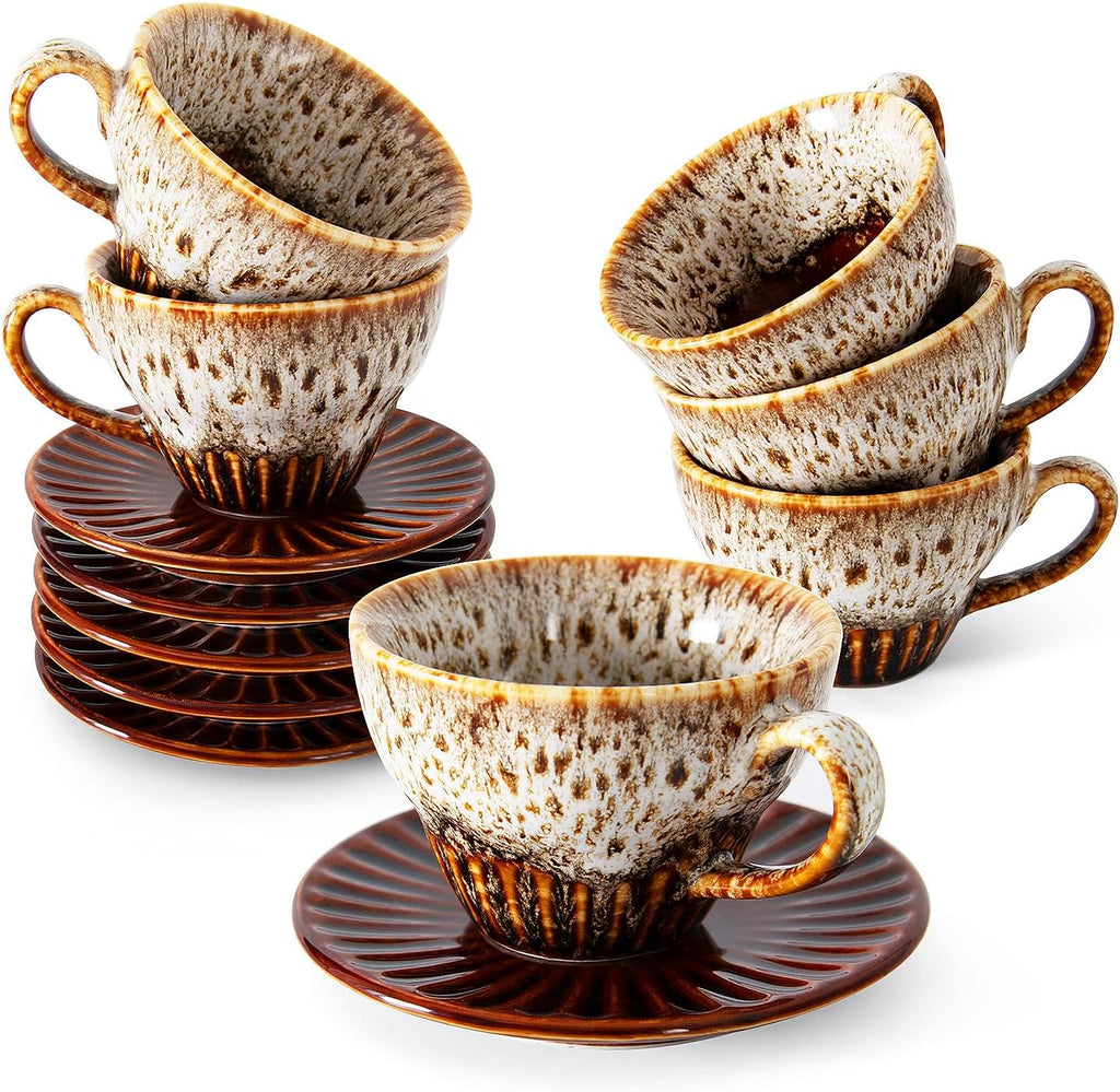 2 oz Espresso Cups Set of 6, Ceramic Cappuccino Cups with Saucers, Stackable Coffee Cup for Macchiato, Single shot, Tea, Coffee Lover Gifts, Glazed Blue
