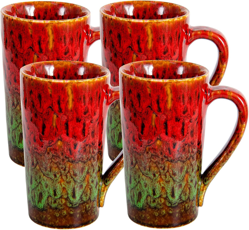 20oz Porcelain Coffee Mugs Set of 4, Large Tall Coffee Mugs with Handles, Modern Ceramic Coffee Cups for Coffee, Tea, Cocoa, Milk, Gifts for Women Men - Red & Green