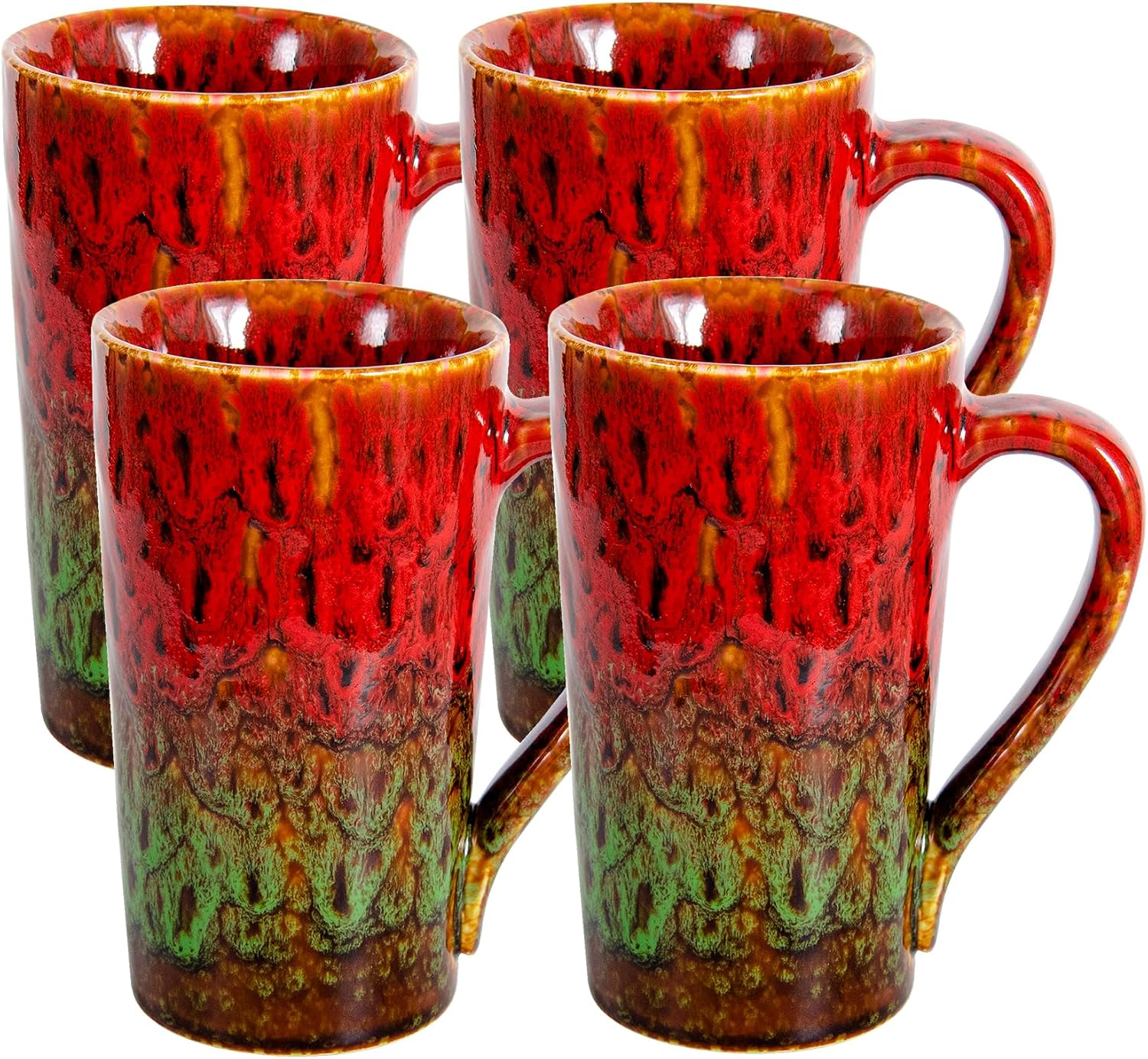 20oz Porcelain Coffee Mugs Set of 4, Large Tall Coffee Mugs with Handles, Modern Ceramic Coffee Cups for Coffee, Tea, Cocoa, Milk, Gifts for Women Men - Red & Green