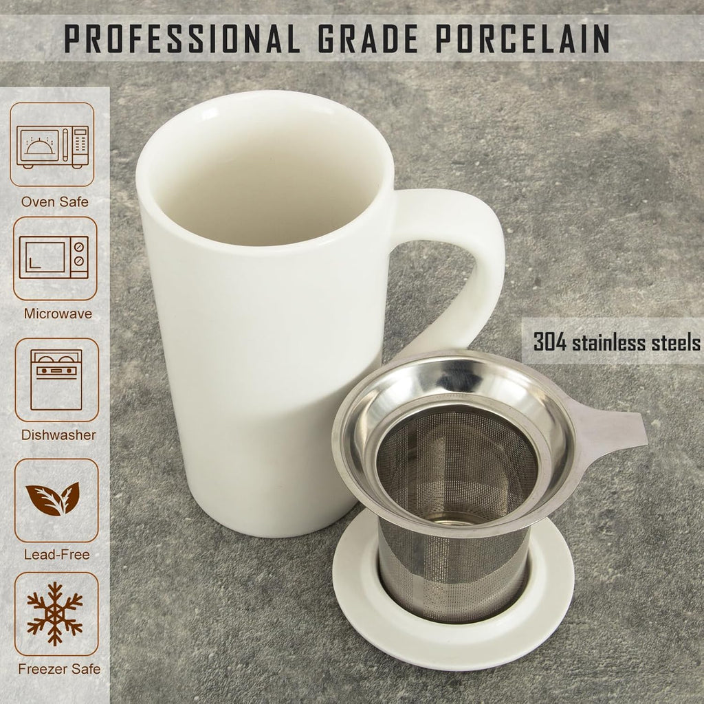 Tea Cup with Infuser and Lid, 20oz Mug with Handle for Steeping Loose Leaf Tea, Dishwasher and Microwave Safe, Ceramic Strainer Cup Gifts for tea Lovers, White