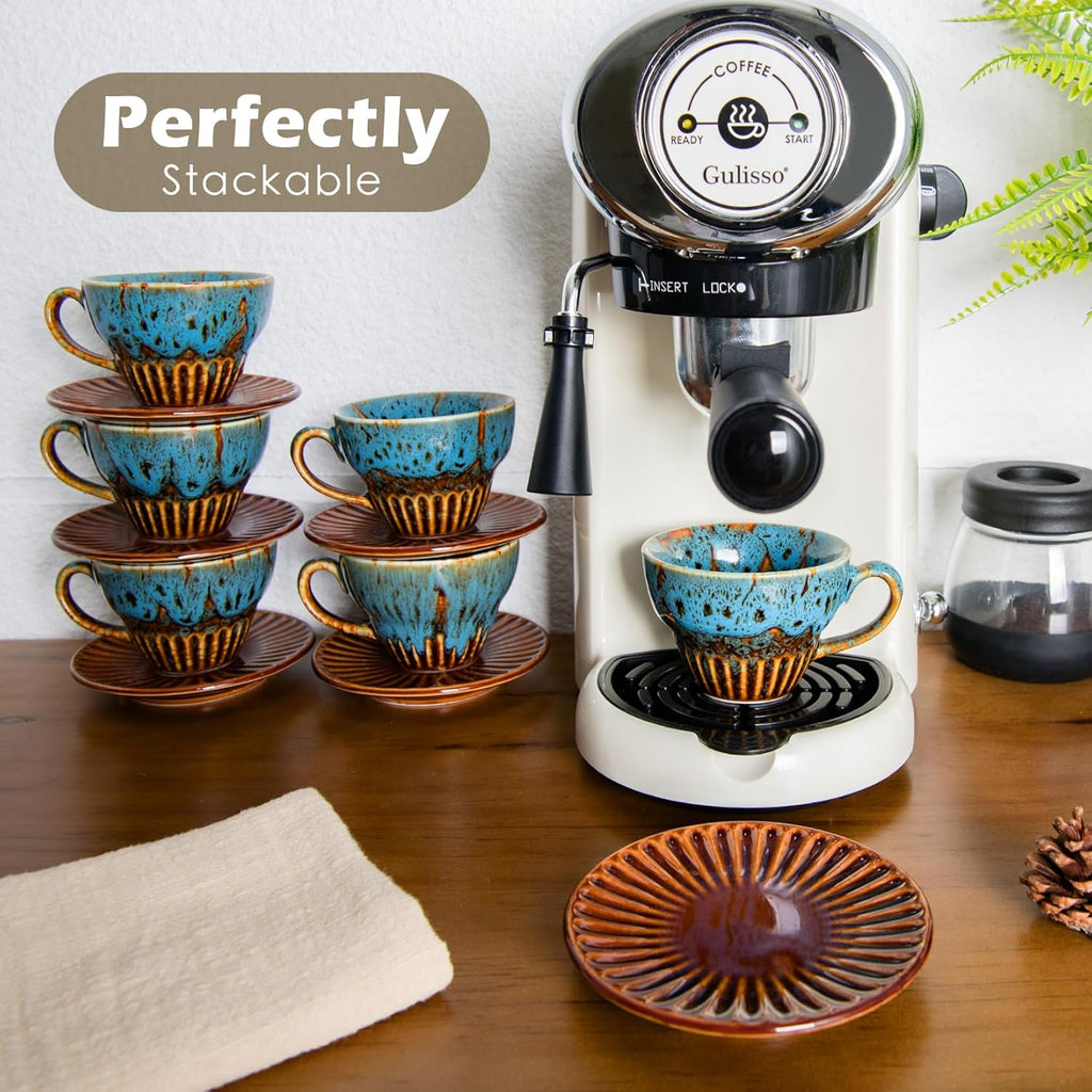 2 oz Espresso Cups Set of 6, Ceramic Cappuccino Cups with Saucers, Stackable Coffee Cup for Macchiato, Single shot, Tea, Coffee Lover Gifts, Glazed Blue