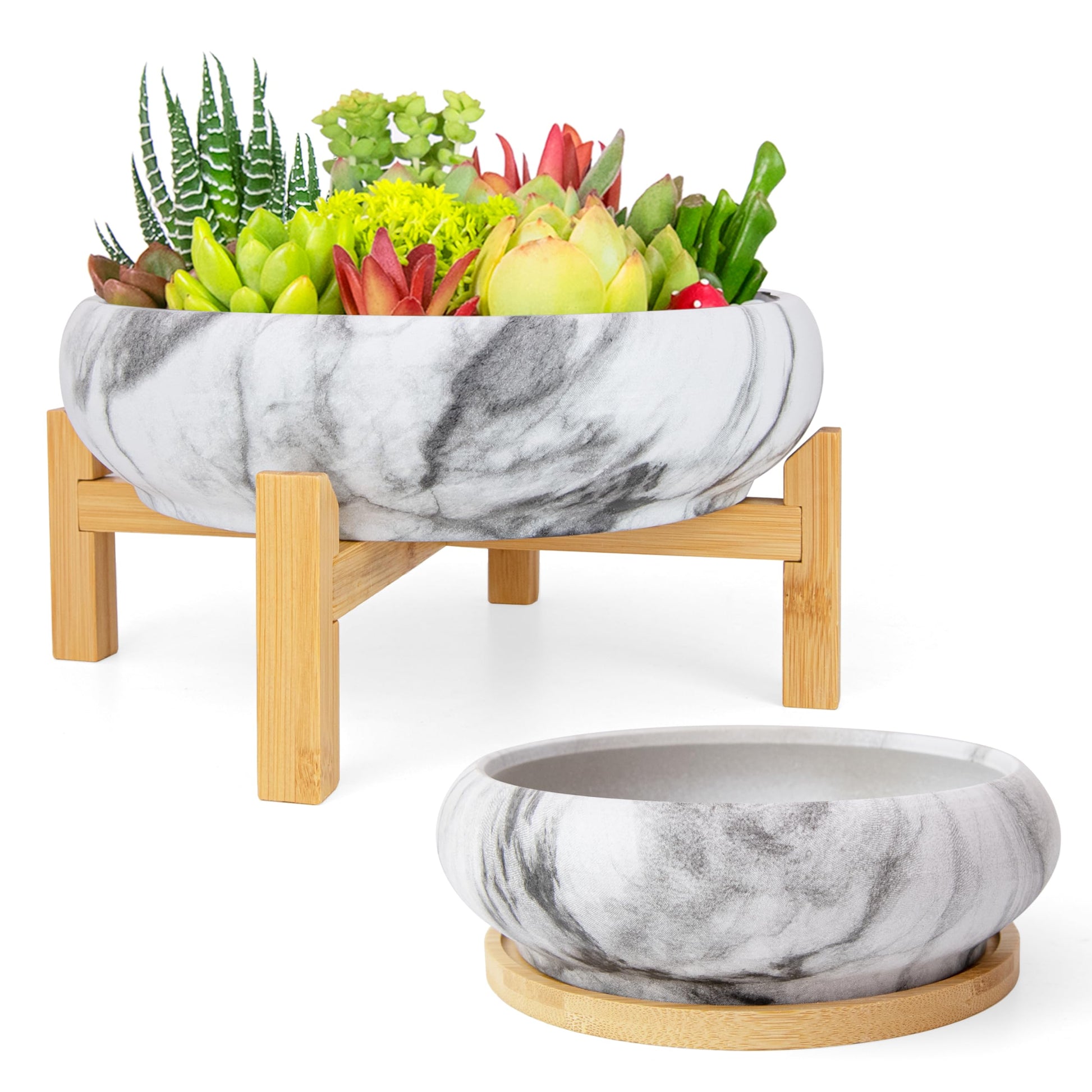 ARTKETTY Succulent Pots- 7.3/10 Inch Large Plant Pots Set of 2 | Shallow Bonsai Pots with Drainage Tray, Ceramic Planters for Indoor Cactus Marble Flower Plant Container Bowl