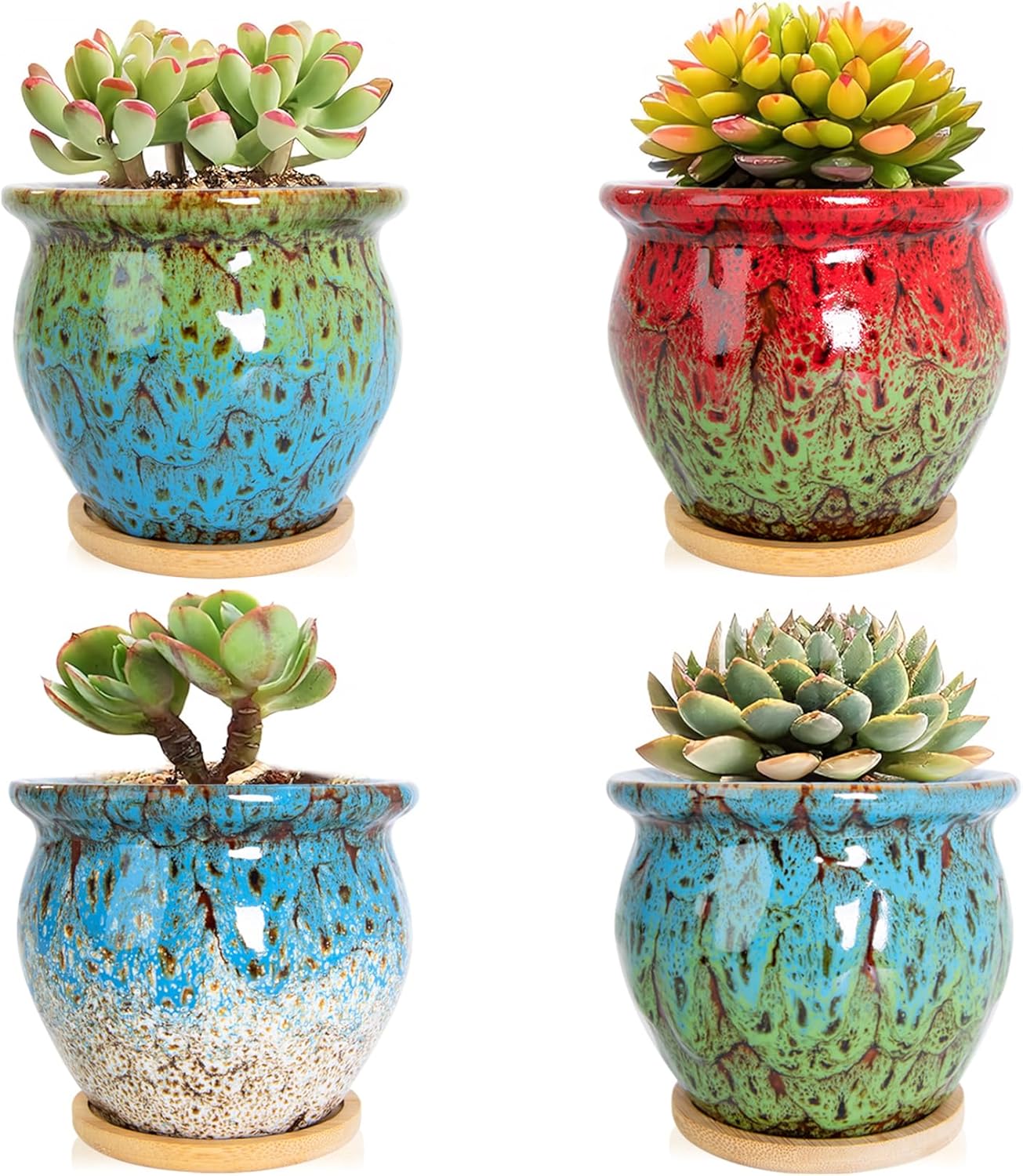 ARTKETTY Succulent Pots - 4 Pack Small Plant Pots with Drainage Tray, 4.5 Inch Ceramic Planters for Indoor Plants Colorful Cactus Flower Planter, Gifts for Women