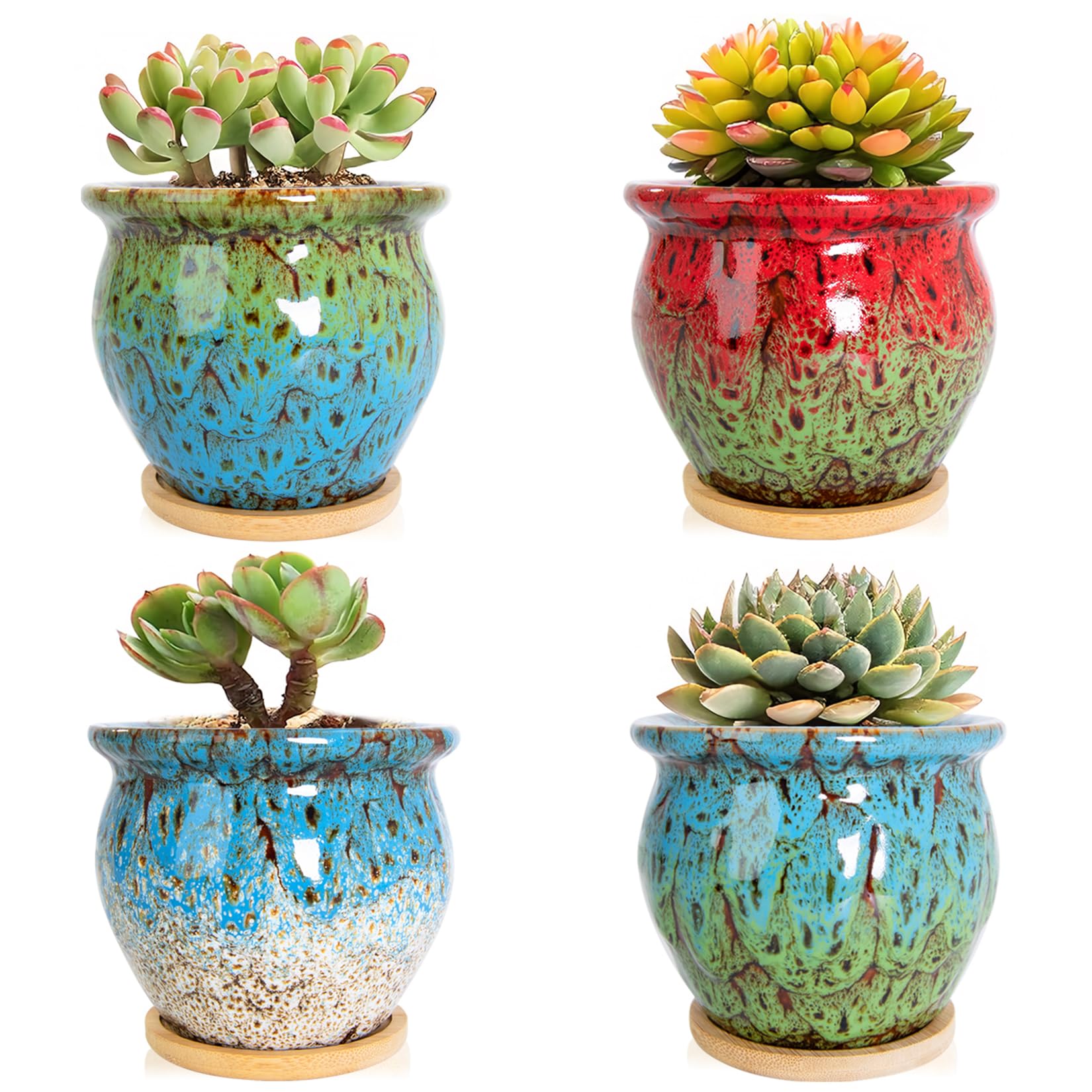 ARTKETTY Succulent Pots, 4 Pack Small Plant Pots with Drainage Tray | 4 Inch Flower Pots, Ceramic Planters for Indoor, Home Office Desk Decor