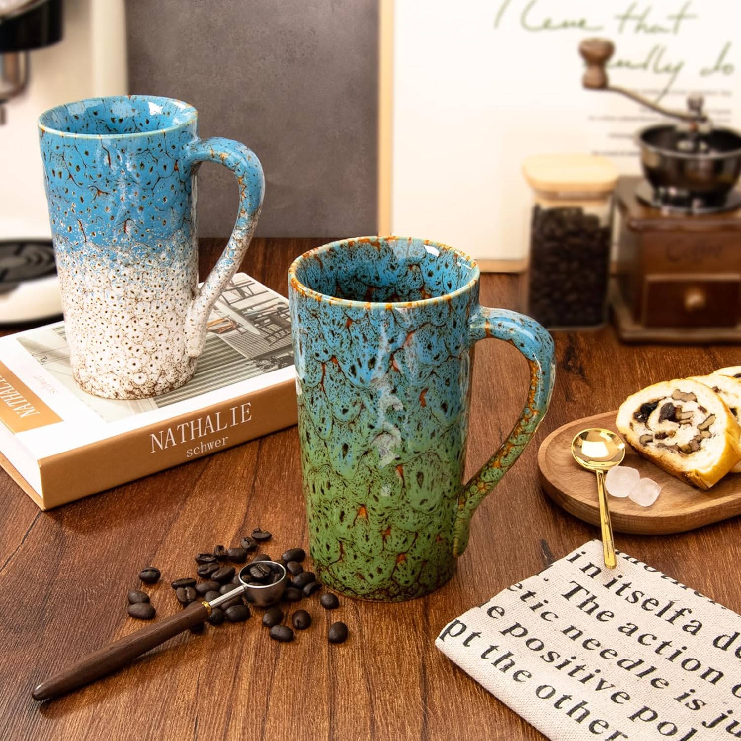 20oz Porcelain Coffee Mugs Set of 4, Large Tall Coffee Mugs with Handles, Modern Ceramic Coffee Cups for Coffee, Tea, Cocoa, Milk, Gifts for Women Men - Blue & Green