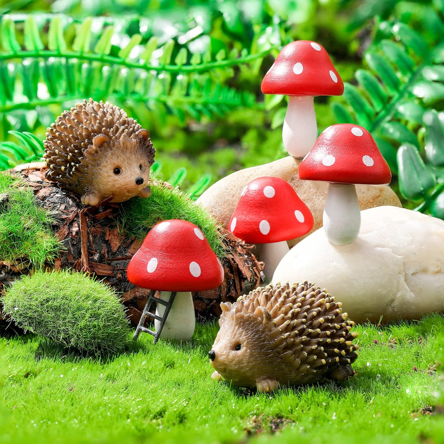 Hedgehogs & Red Mushroom Fairy Garden Set, 6 Pcs Miniature Ornaments for Planters, Terrariums & Home Decor