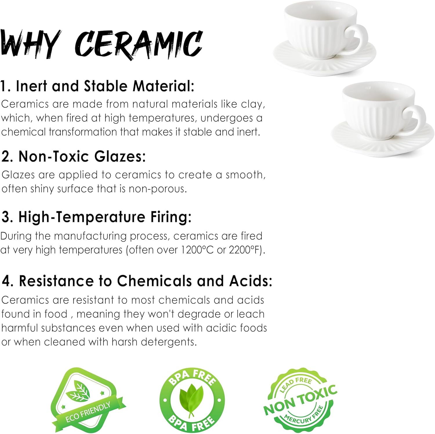 White Tea Cups and Saucers- 2oz Stackable Ceramic Espresso Cups & Cappuccino Cup Set of 2 for Coffee, Latte, and Tea, Durable Porcelain tea Set & Modern Latte Cup Collection